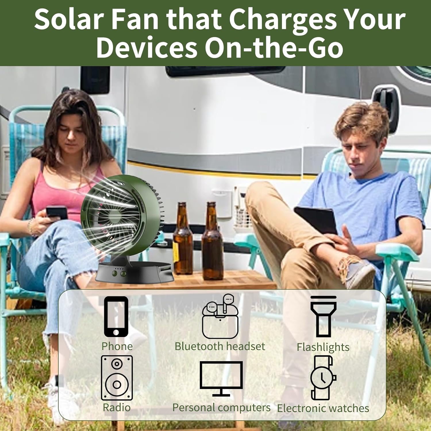 Portable Solar Fan - 10000mAh Big Battery, Compact & Lightweight, Solar-Powered, 4 Speeds & LED Light for Camping, Hiking & Emergencies!