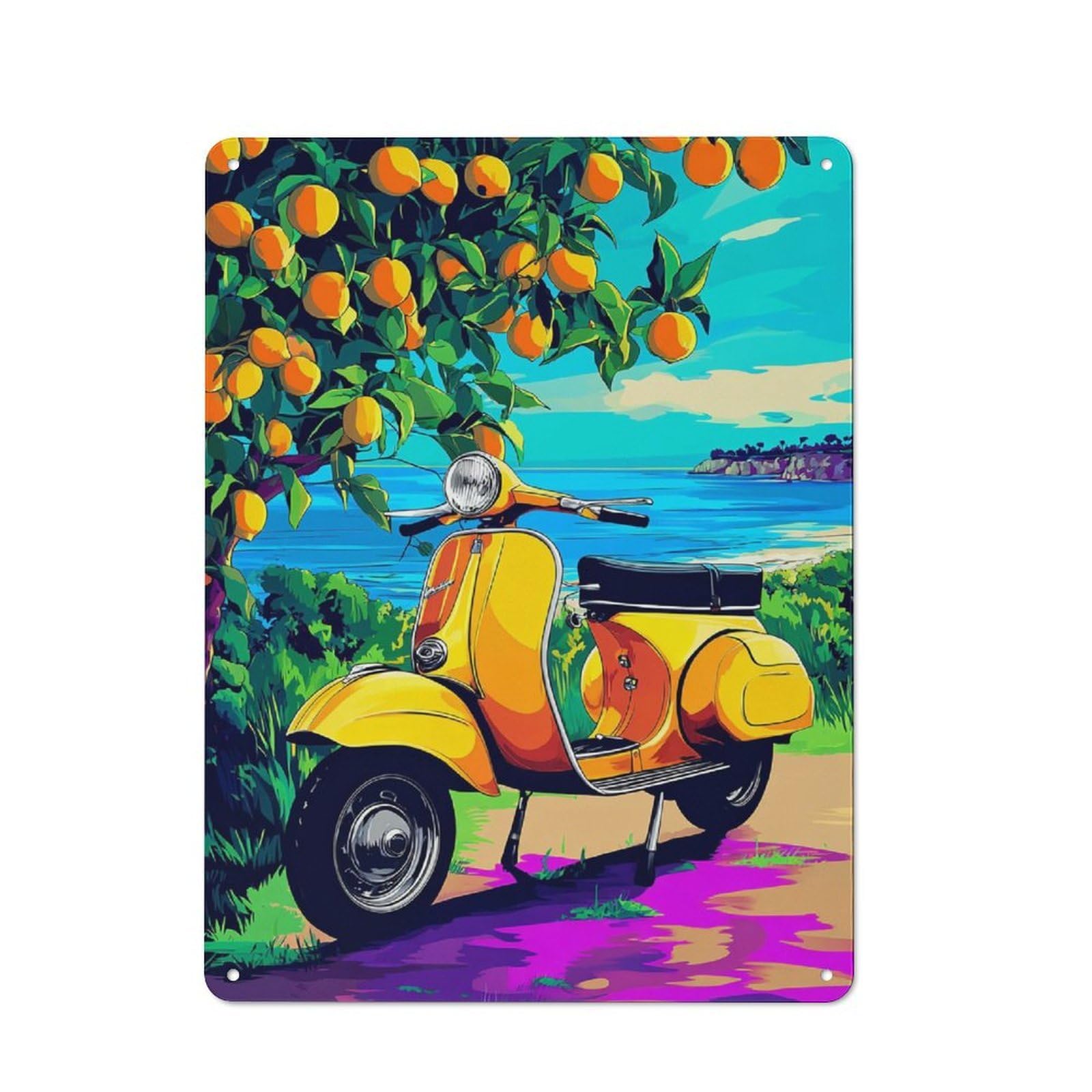 Junmoney Vibrant Scooter By The Sea -1 Tin Sign 40X30cm With For Living Room Wall, Rustic Decor, For Living Room Decor Lovers