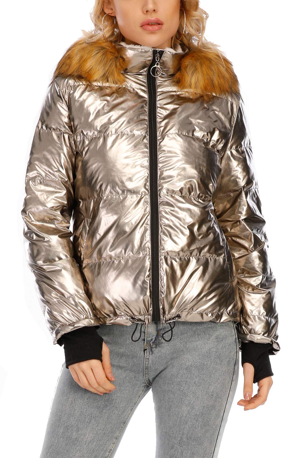 kooosinWomen's Winter Long Sleeve Zip Puffer Jacket Baggy Short Down Coats Fleece Lined Outerwear