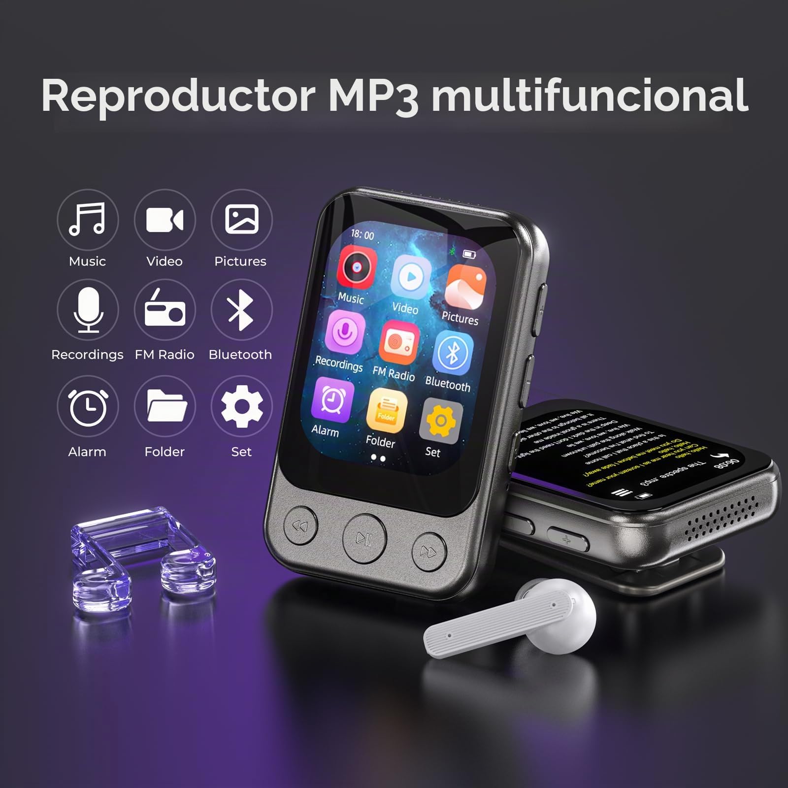 32GB Reproductor MP3 Bluetooth 5.3 con Clip y Altavoz, Reproductor de Música Deportivo con Pantalla Táctil y Botones, Control de Volumen Independiente, Radio FM, Ampliable hasta 128GB