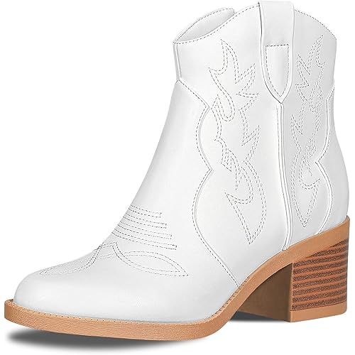 PIZZ ANNU Women's Embroidered Western Cowboy Boots Cowgirl Round Toe Short Ankle Boots Ladies Fashion Retro Classic Booties Chunky Heels