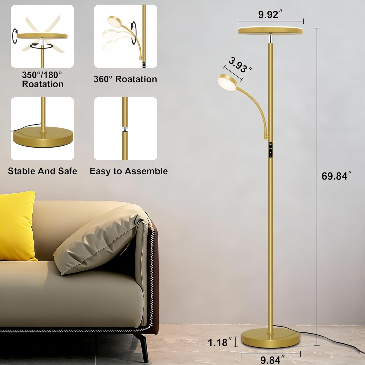 Floor Lamp-42W/4200LM Super Bright Floor Lamp,Dimmable 2-in-1 LED Floor Lamp for Bedroom,Torchiere Floor Lamps with Remote & Touch Control,69" Tall Standing Lamp for Living Room,Office,Reading,Gold