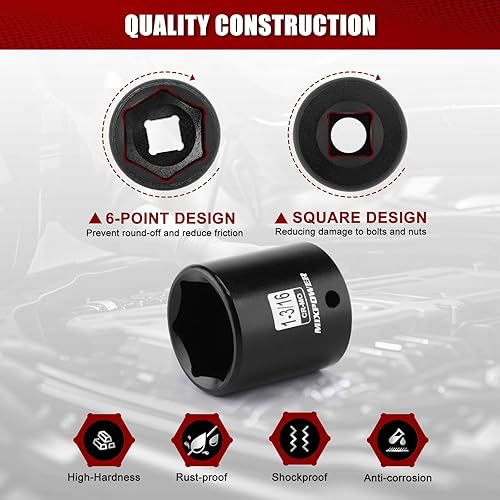 Miniatura 160 de MIXPOWER Enchufe de impacto profundo de 1/2", CR-MO, 1.417 in, métrico, 6 puntos, tuerca de eje de grado de impacto para una fácil extracción