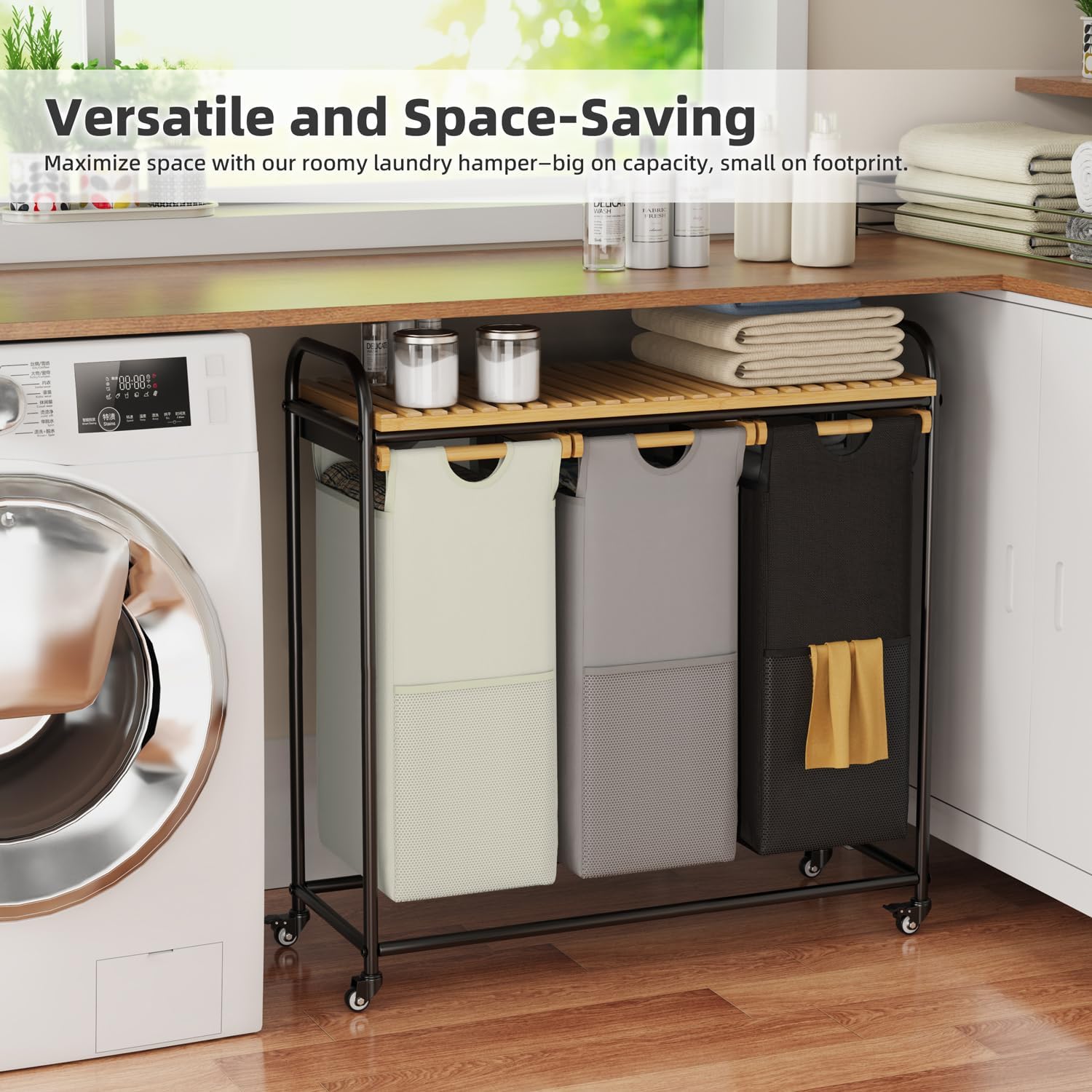 Laundry Hampers 3 Section, Laundry Sorter with Removable Shelf and Pull-Out Bags, Rolling Cart Clothes Hampers Basket with Wheels for Laundry Room Bathroom, 3 x 45 L (Black Beige Gray)