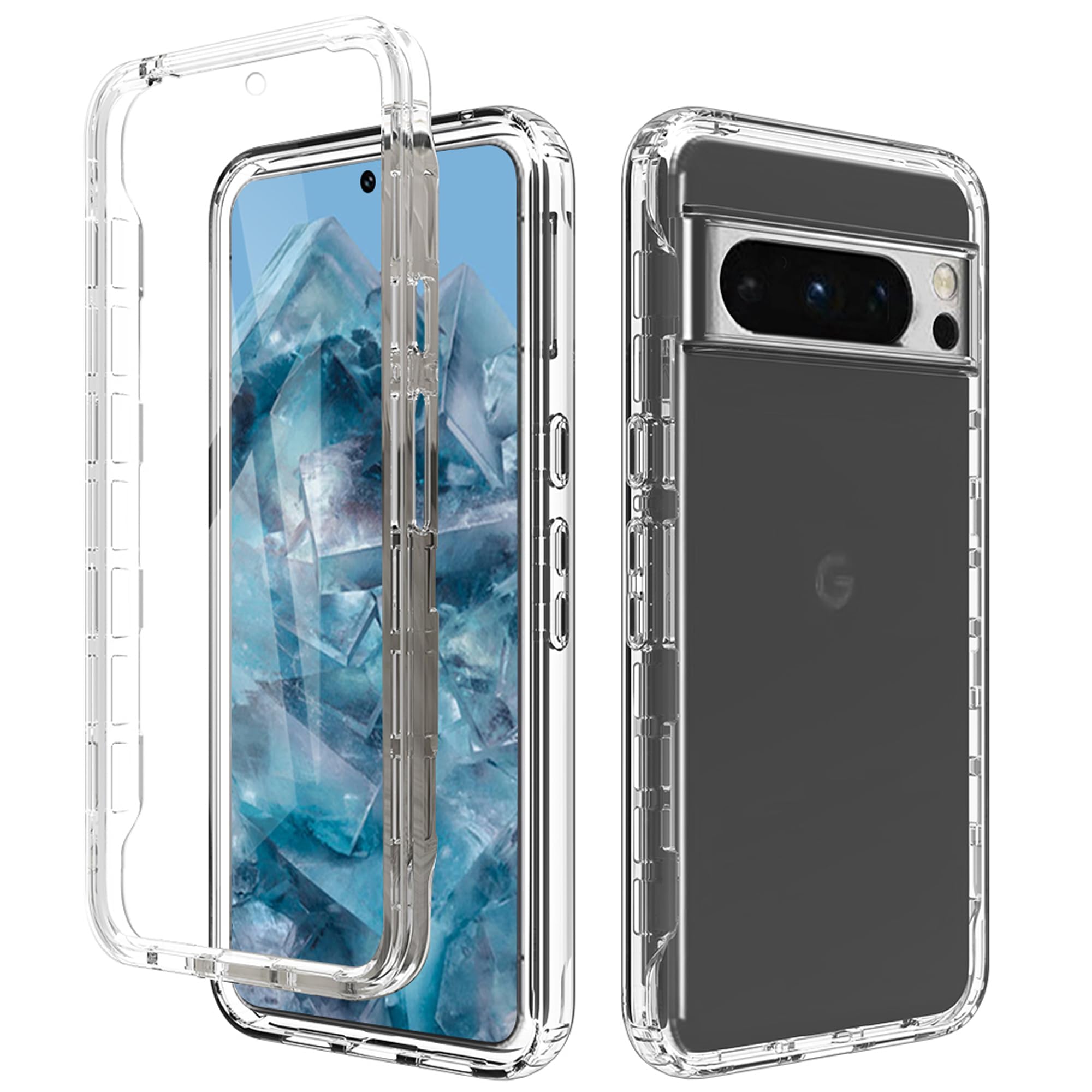 for Google Pixel 8 Pro Clear Case, Soft TPU Dustproof Shockproof 360° Full-Body Cover Built-in PC Hybrid Bumper Frame, Built-in Screen Protector, Crystal