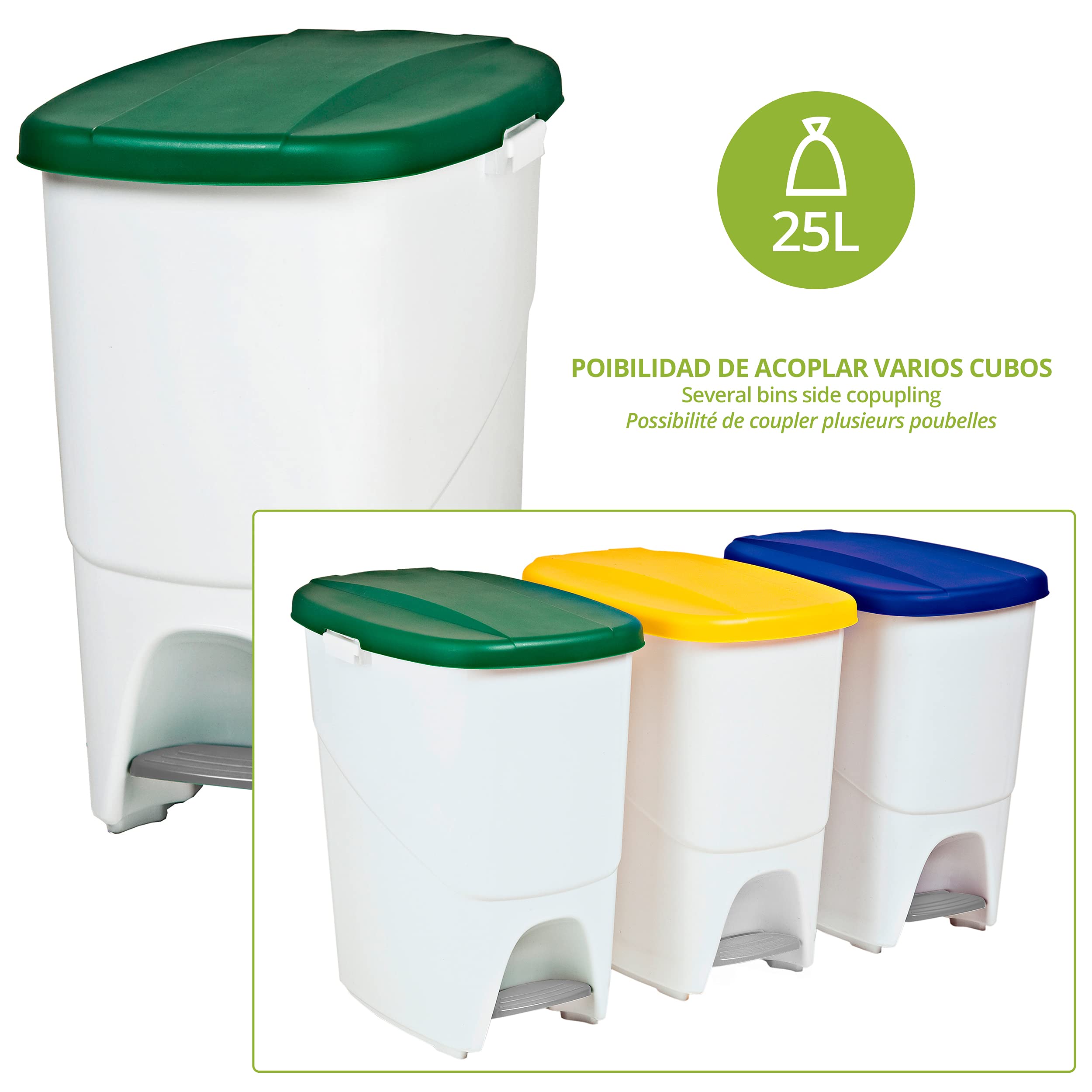 Denox Set de 3 Cubos de Reciclaje con Pedal. Cubos de Basura Cocina con Tapa Amarillo Verde y Azul. 3 x 25L. Separadores de Residuos, Polipropileno Resistente y Fácil Limpieza