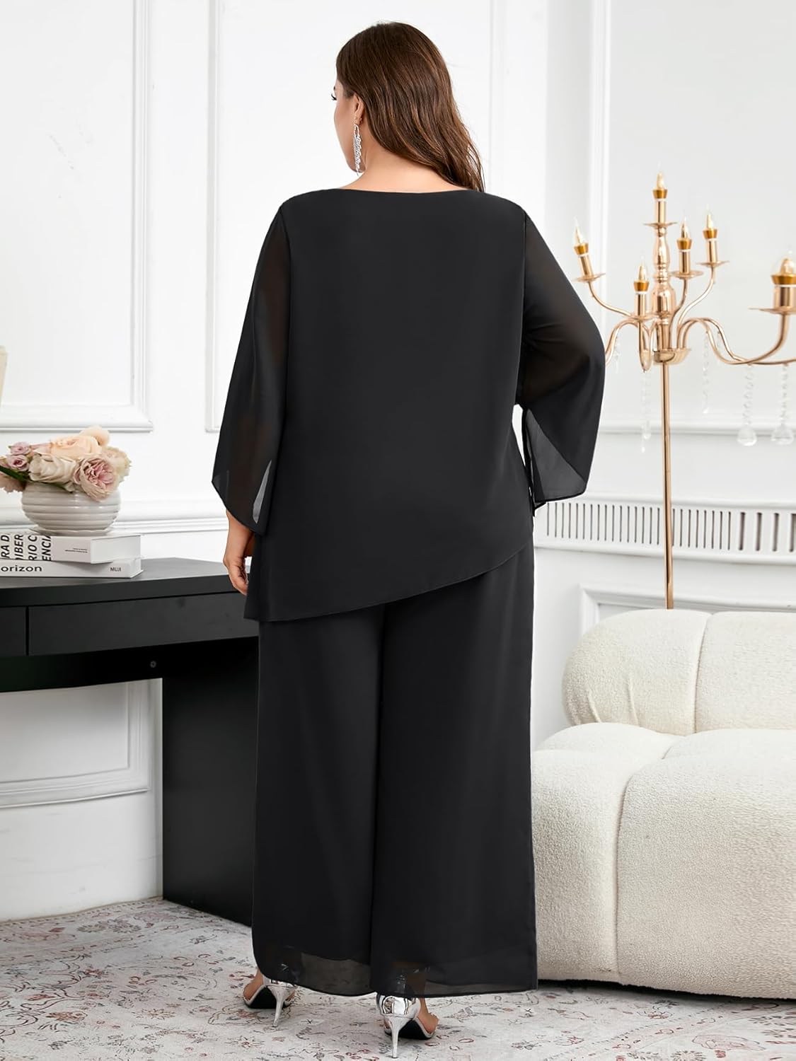 CYCLAMEN Plus Size Mother of Bride Pant Suits 2 Piece Chiffon Sets Asymmetric Wedding Guest Outfit - Image 4