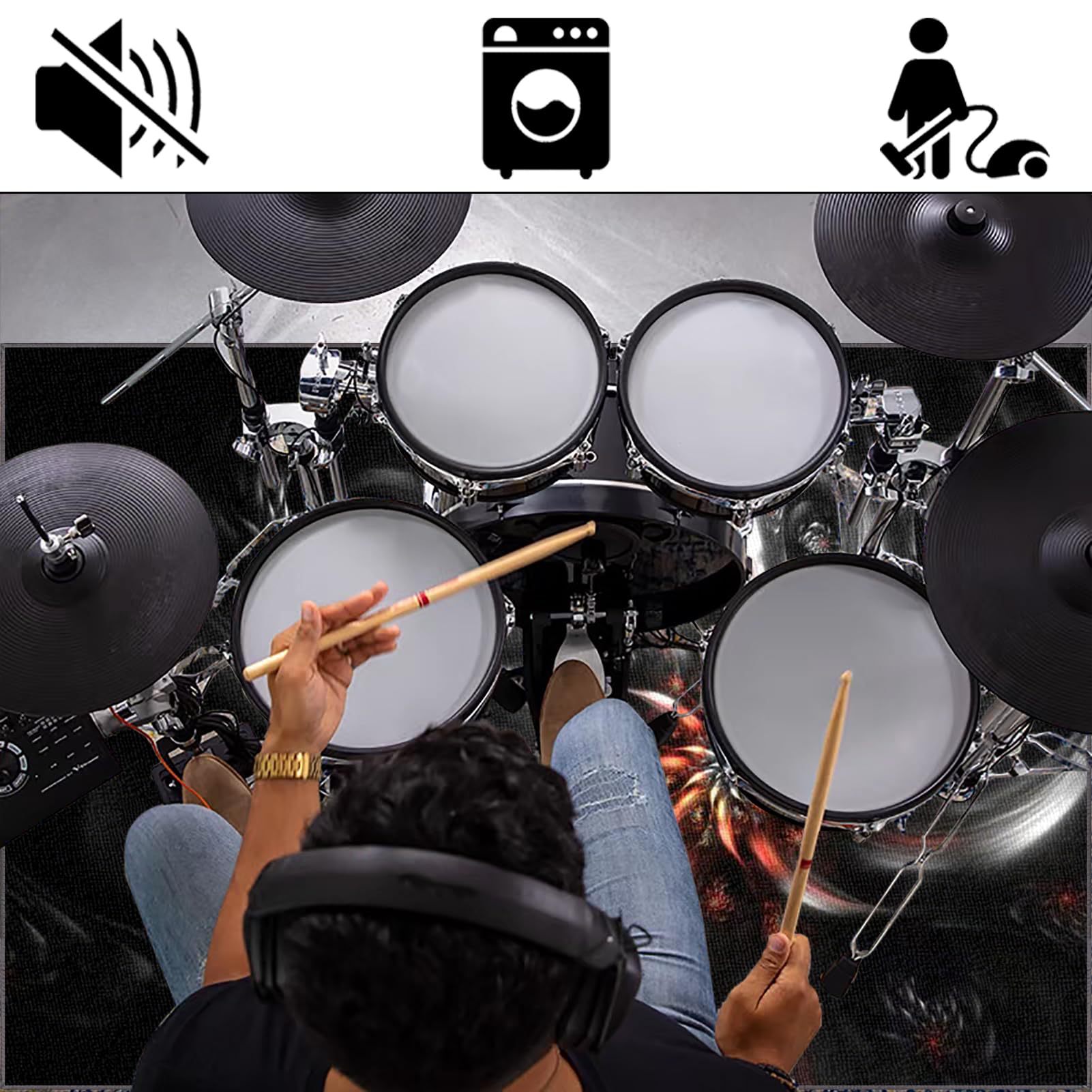 Tappeto Insonorizzato Tamburo, Tappeto Professionale per Batteria e Strumenti a Percussione Elettronici, Tappeti Rettangolari Antiscivolo per Grancassa Tamburo Rullante 180 x 160 cm