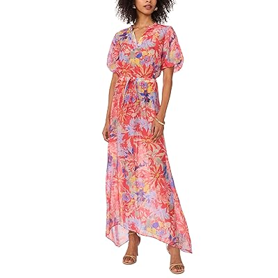 Vince Camuto V Neck Placket Puff Sleeve Maxi Dress Women
