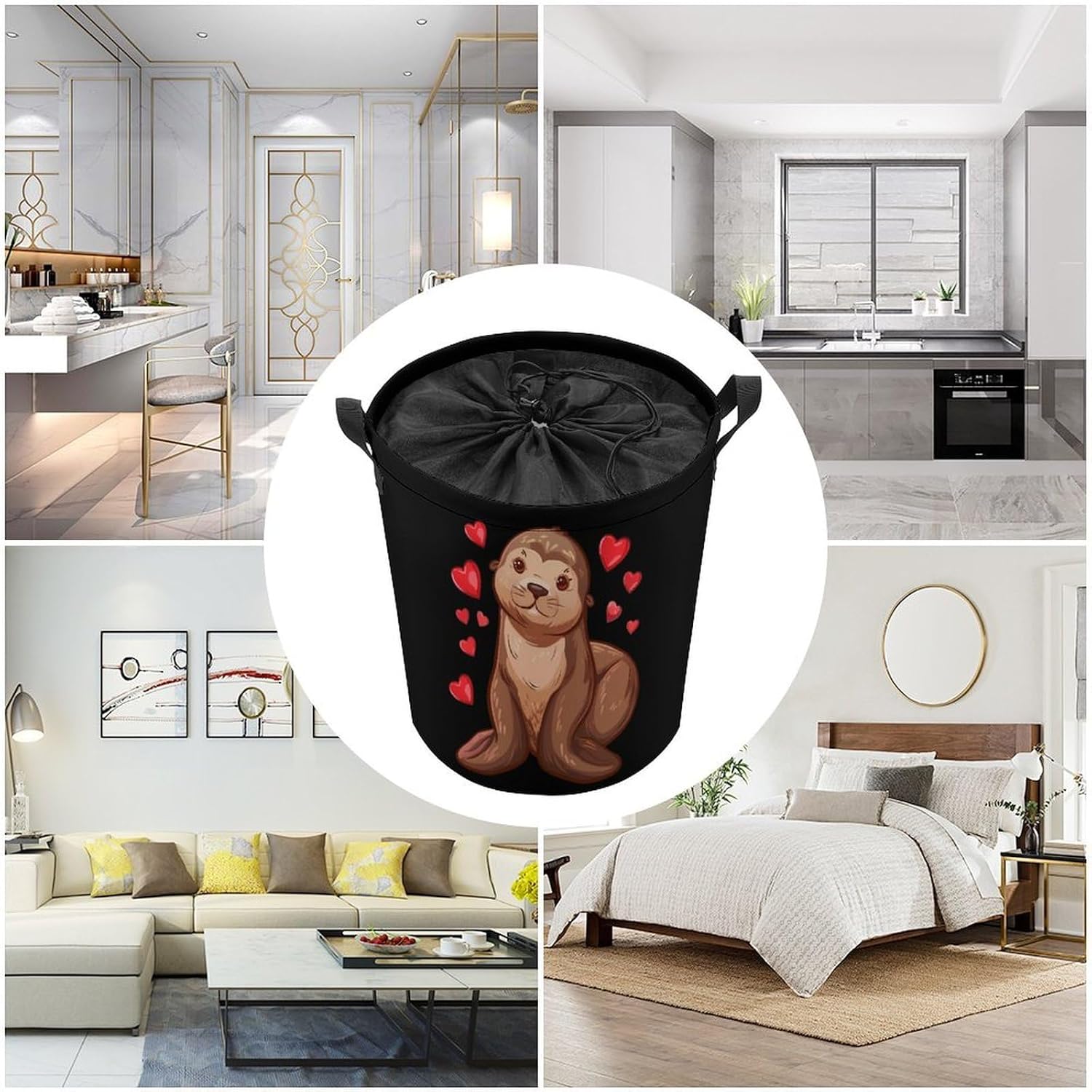 Love Sea Lion Laundry Basket Dirty Clothes Hamper Storage Laundry Bag with Handles for Dorm Room 44x44cm