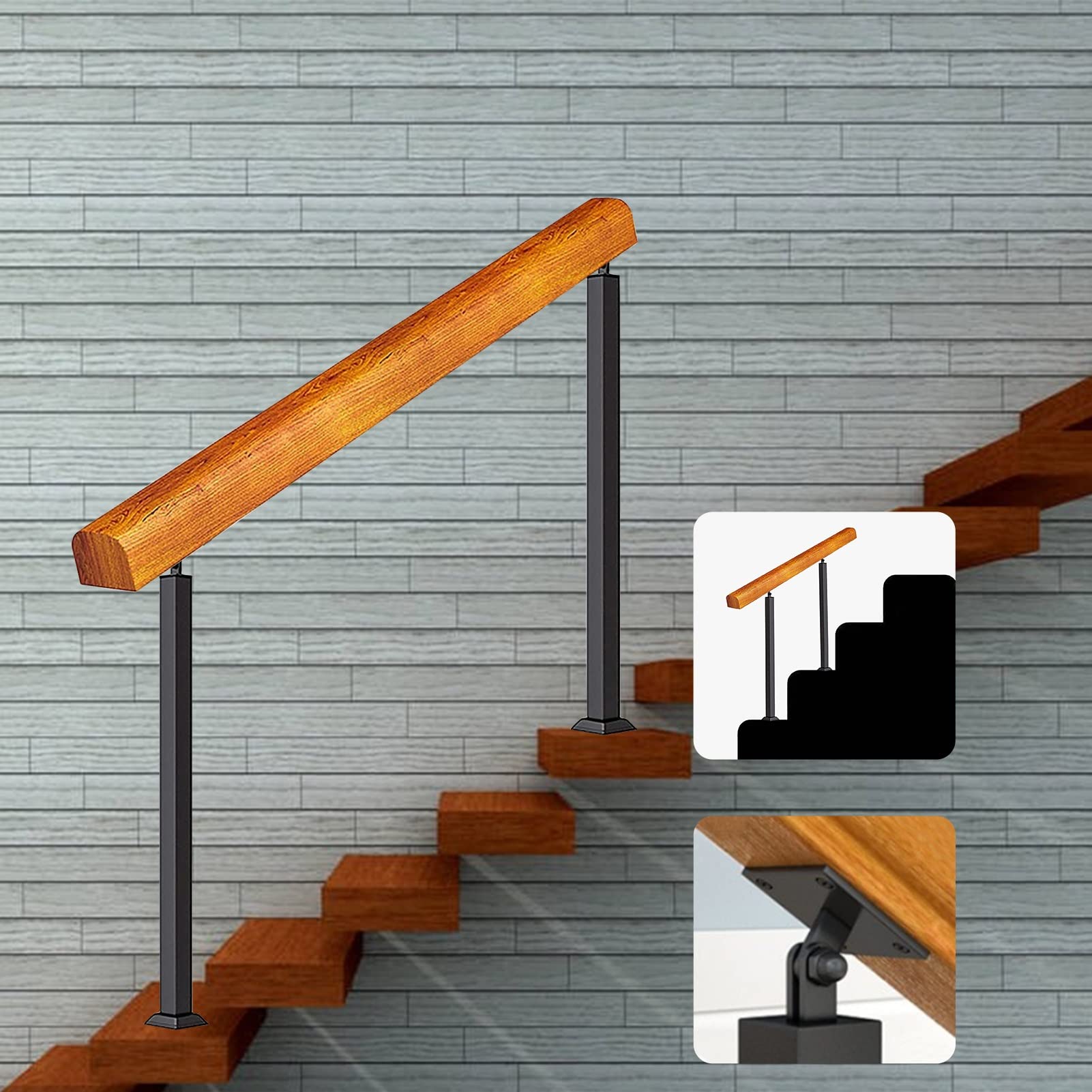 Main courante en bois massif pour escalier extérieur de 4 à 5 marches avec poteaux en fer forgé