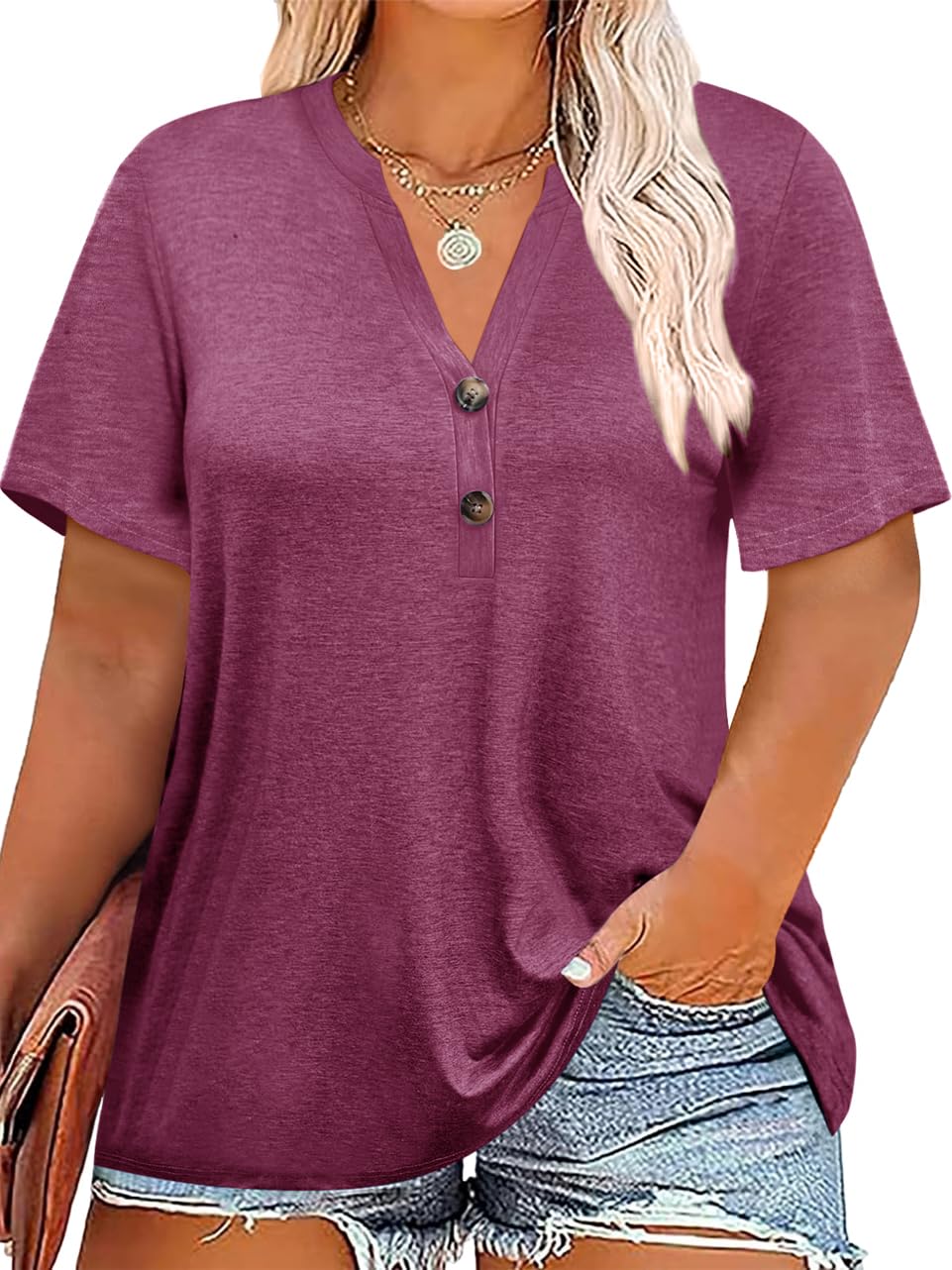 Chulianyouhuo Plus Size Tops for Women Summer V Neck Short Sleeve Tee Shirts Henley Button Casual Loose Fit Blouse