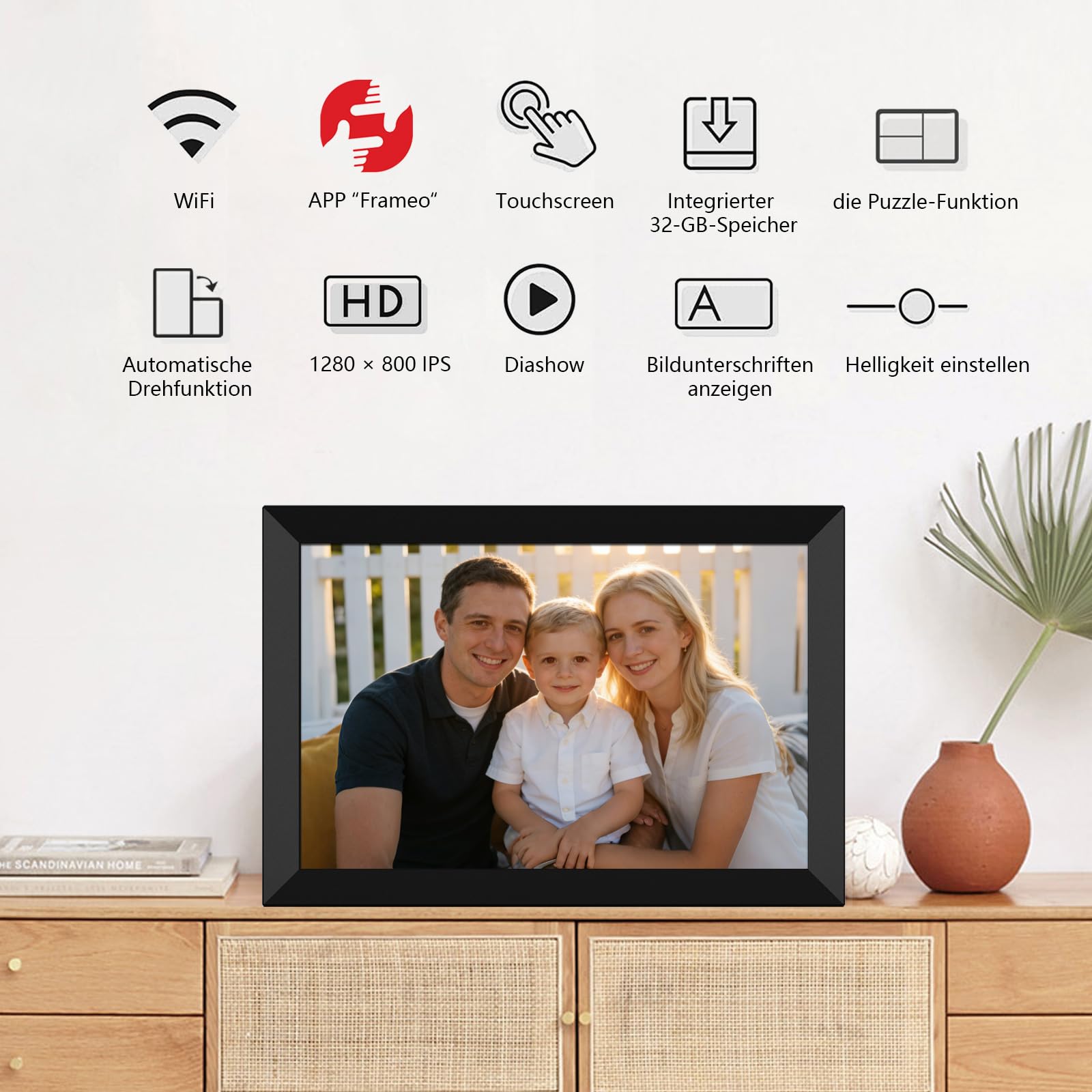 Frameo Cadre photo numérique WiFi 10,1", écran tactile HD IPS, mémoire de 32 Go, rotation automatique, montage mural, configuration facile pour partager des photos et des vidéos via l'application