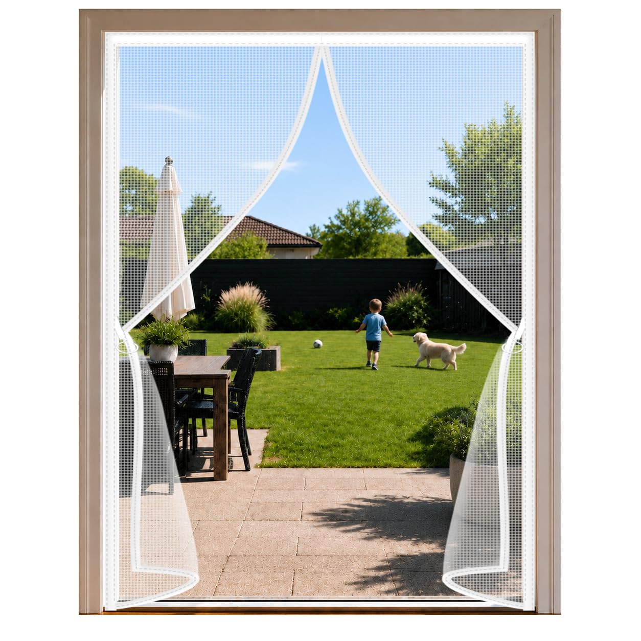 Fly Door Screen White 91x208cm Windproof Patio Door Magnetic Screen with Weighted Bottom for Stability for Doorways Between Home and Outdoor Areas