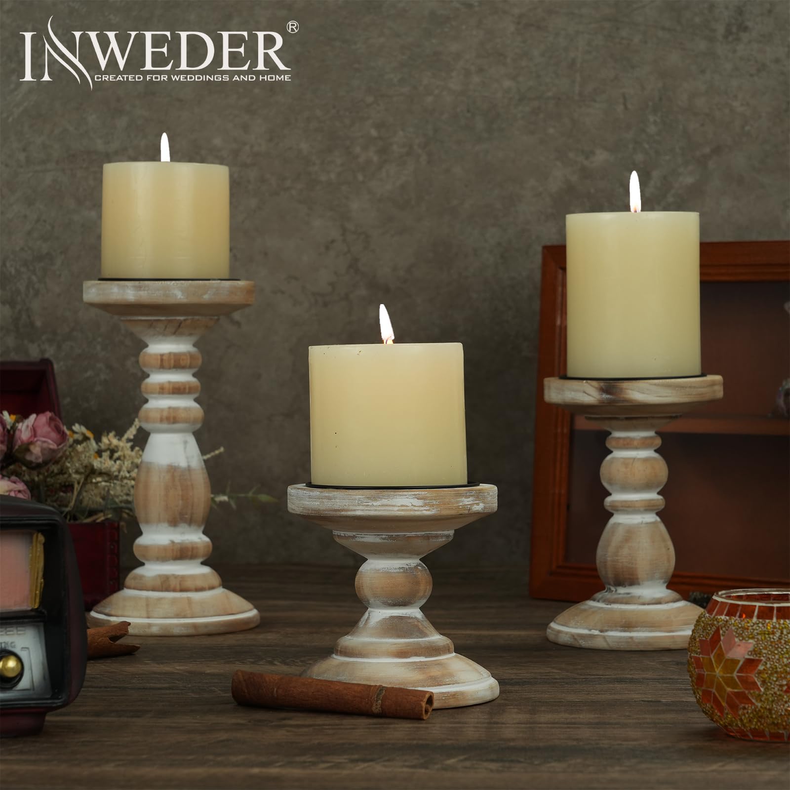 Inweder Wood Candle Holders for Pillar Candles: 3 pcs White Rustic Candle Holders Distressed Wooden Farmhouse Candleholder for Home Decor Tall Pillar Candle Holder Stand for Fireplace Party Event - Image 4