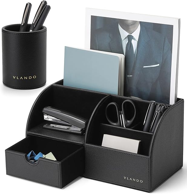 Vlando Multifunctional Desk Organiser Set, Pu Leather Stationery Holder Storage with Slide Drawer for Office, School and Home Use (Black)