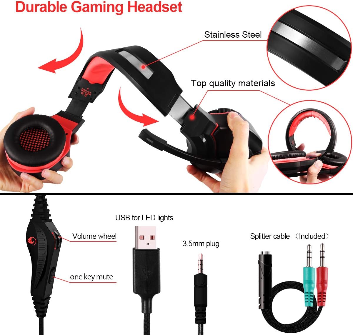 NPET HS20 Gaming Headset for PC, PS4, PS5, Switch, Xbox One Controller, LED Backlit Computer Headphone with Noise Canceling Mic, Soft Memory Earmuffs, Volume Control (Red)