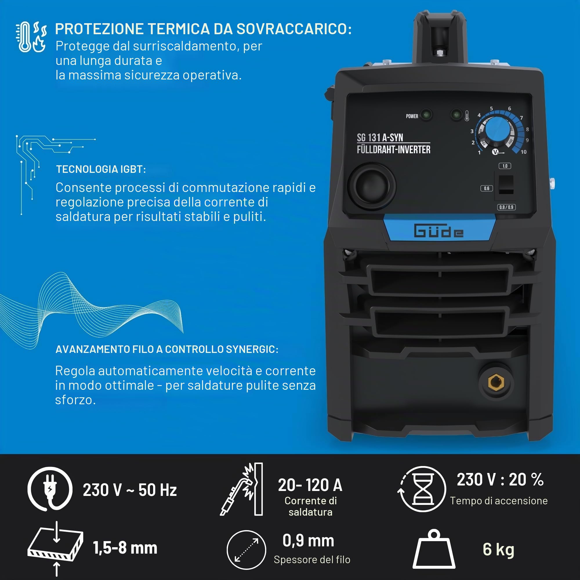 Güde Saldatrice a filo di riempimento SG 131 A-SYN (230 V, tecnologia inverter, per filo da 9 mm, corrente massima 120 A, incl. scudo saldatore, pacchetto tubi, filo di riempimento, martello spazzola