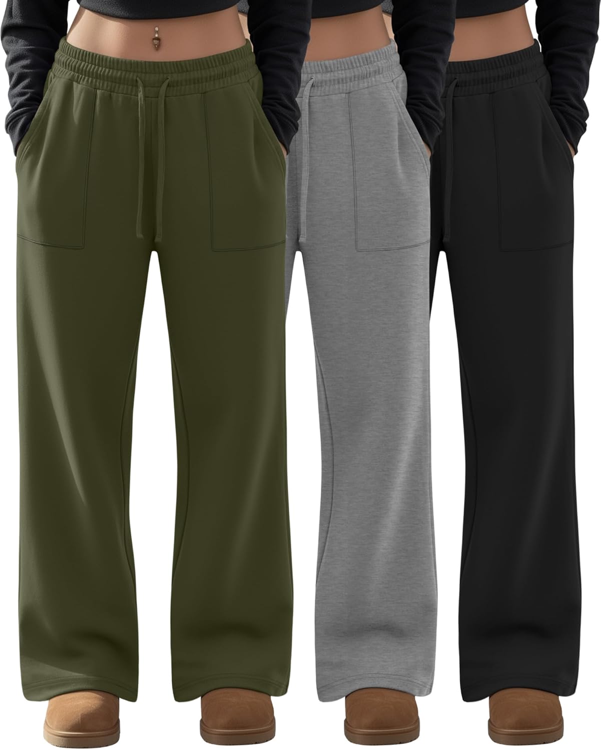 Evervibe 3 Pack Plus Size Pants for Women Wide Leg Casual Pant Drawstring Stretchy Waist Trousers with Pockets