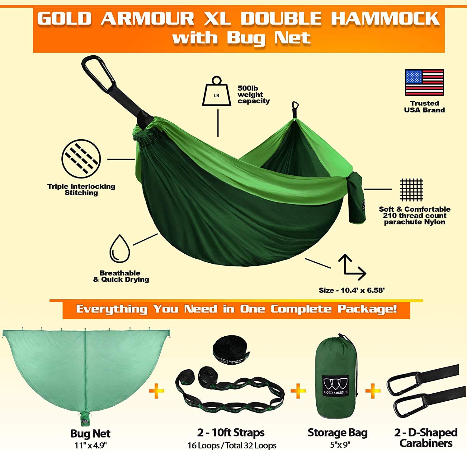 Gold Armour XL Double Camping Hammock With Bug Net - 2 Person Portable Hammock Set For Outdoor & Indoor Use