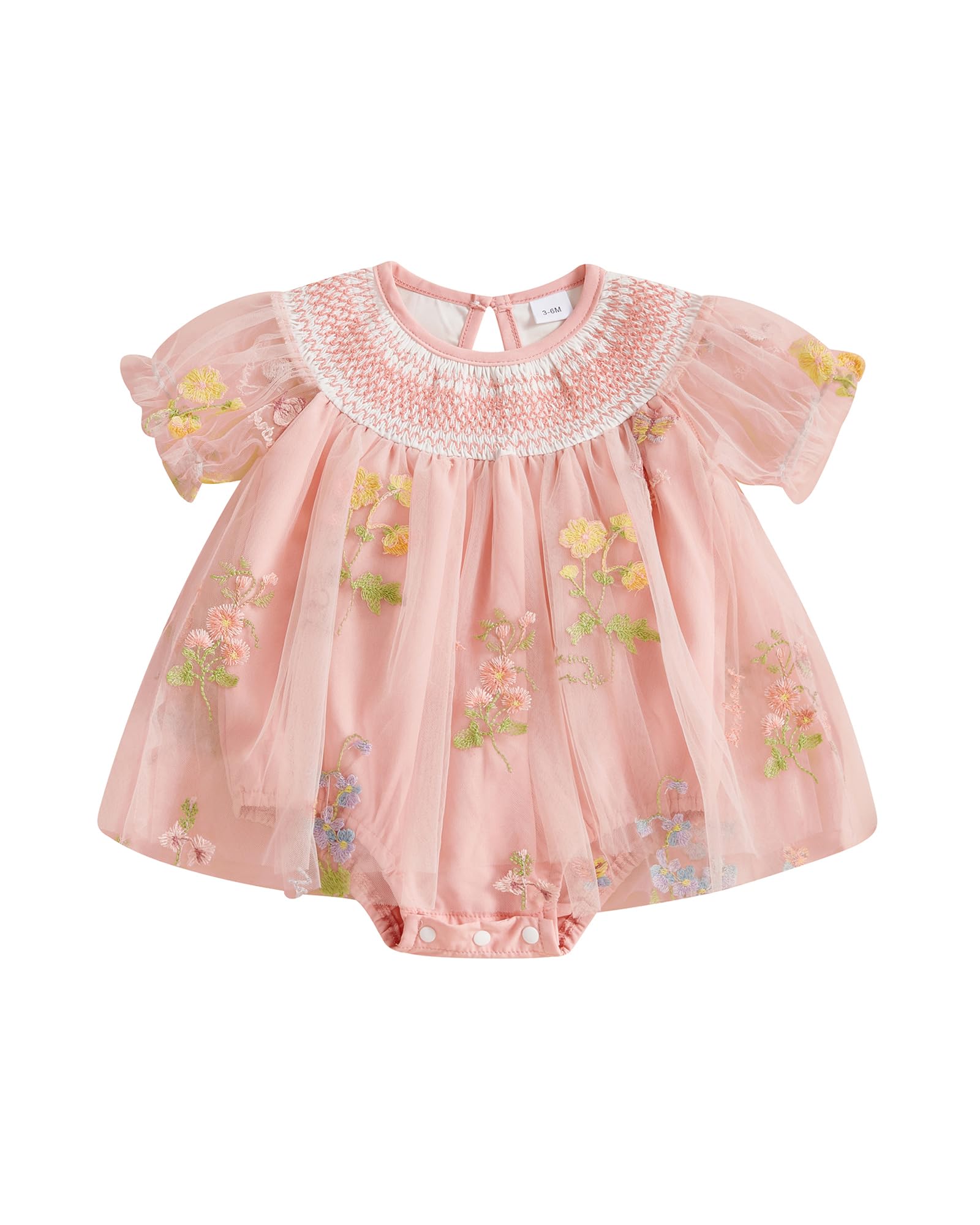 MBZJSDKHLK Infant Baby Girl Romper Dress Flower Embroidery Patchwork Mesh Short Sleeve Bodysuit Tulle Dress Princess Dress (A-Pink, 0-3 Months)