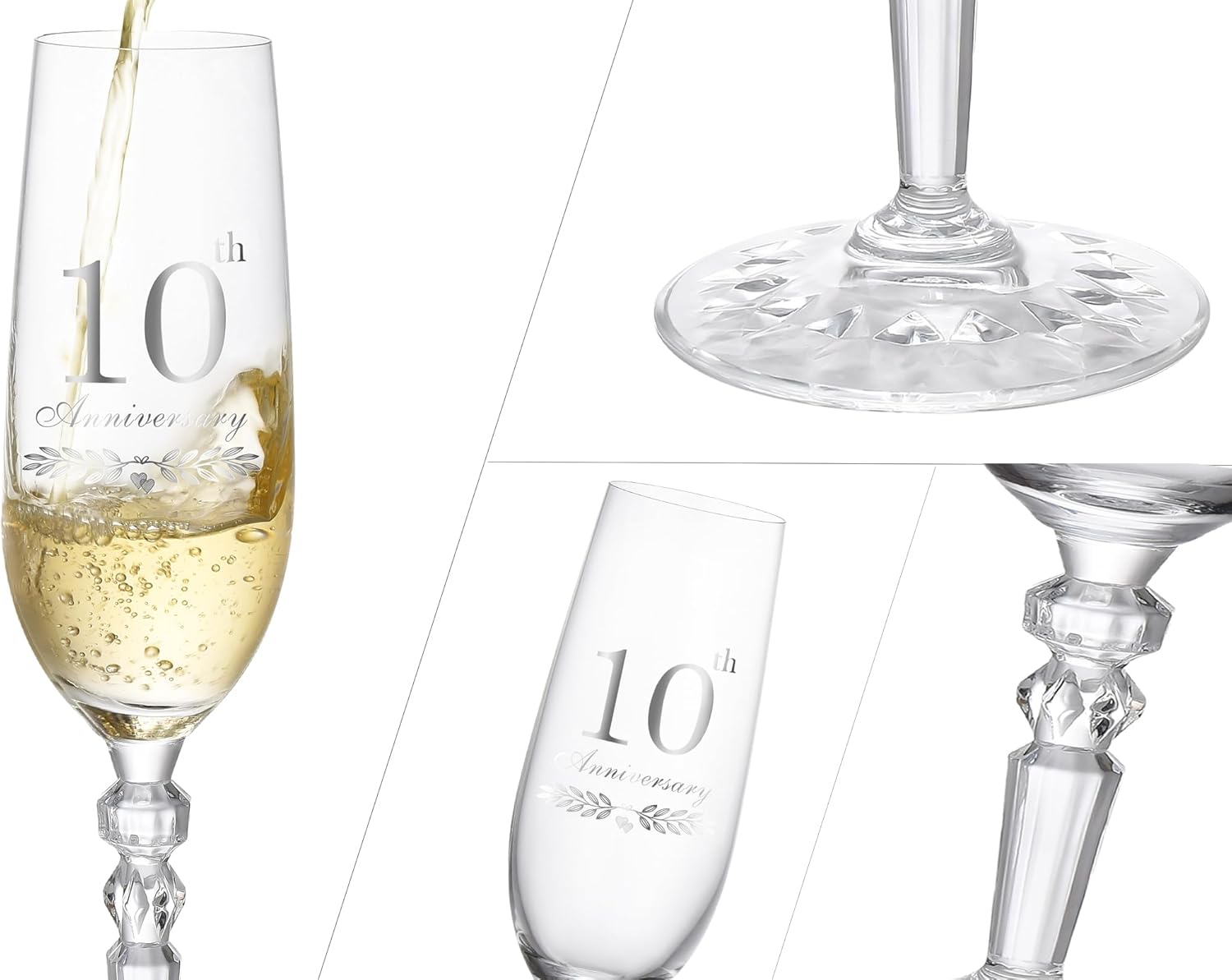 10th Anniversary Decorations Gifts for Couple, Classical Style 10th Wedding Anniversary Champagne Flutes Glasses, Crystal Champagne Glasses Set of 2, Gifts for husband, wife, Couple - Image 6