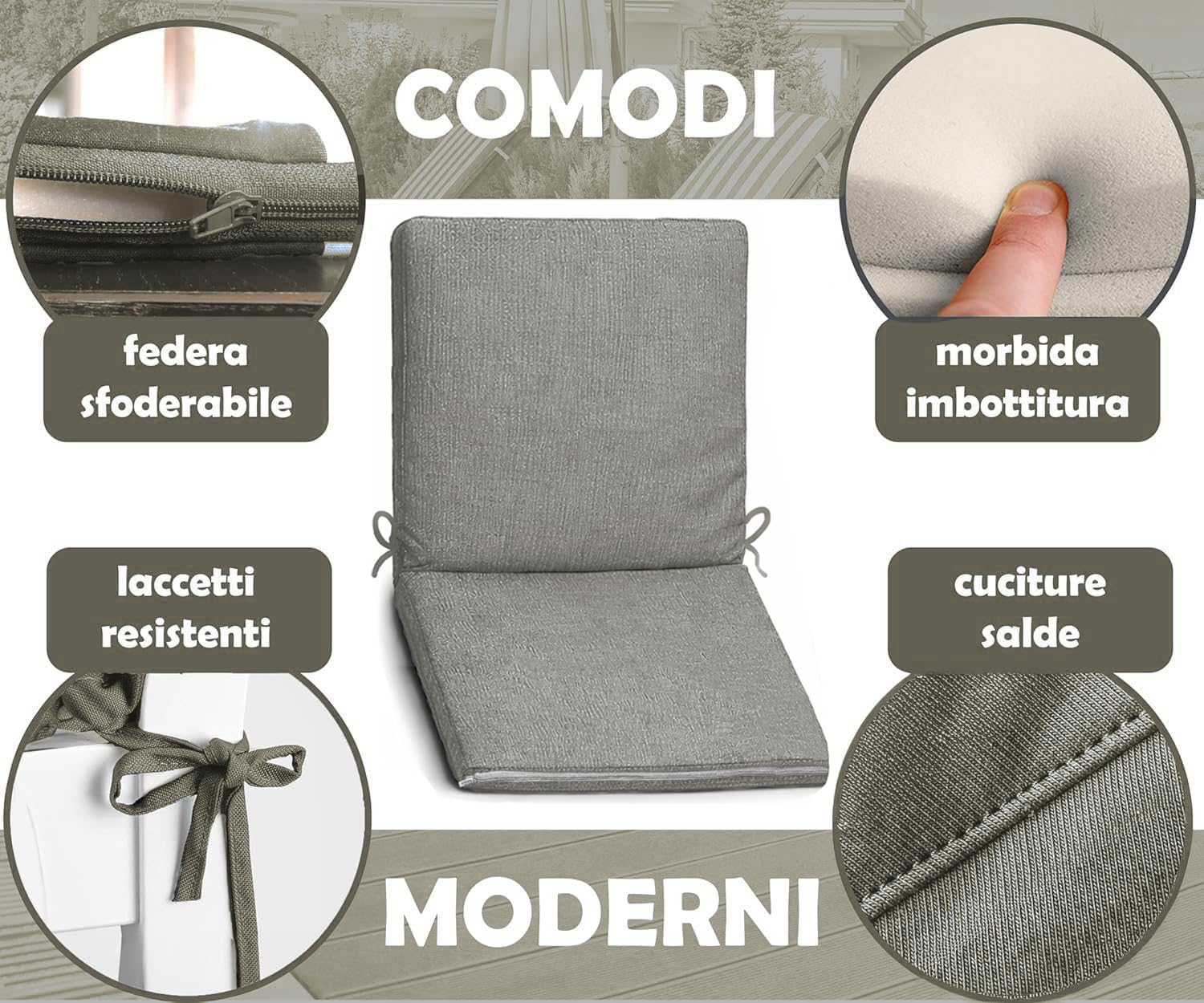 HAND Cuscino con Schienale per Sedia - Cuscini Sedie Interno ed Esterno, Morbida Imbottitura, Per Giardino o Casa - Made in Italy (2, Ecrù, 90x41 cm)