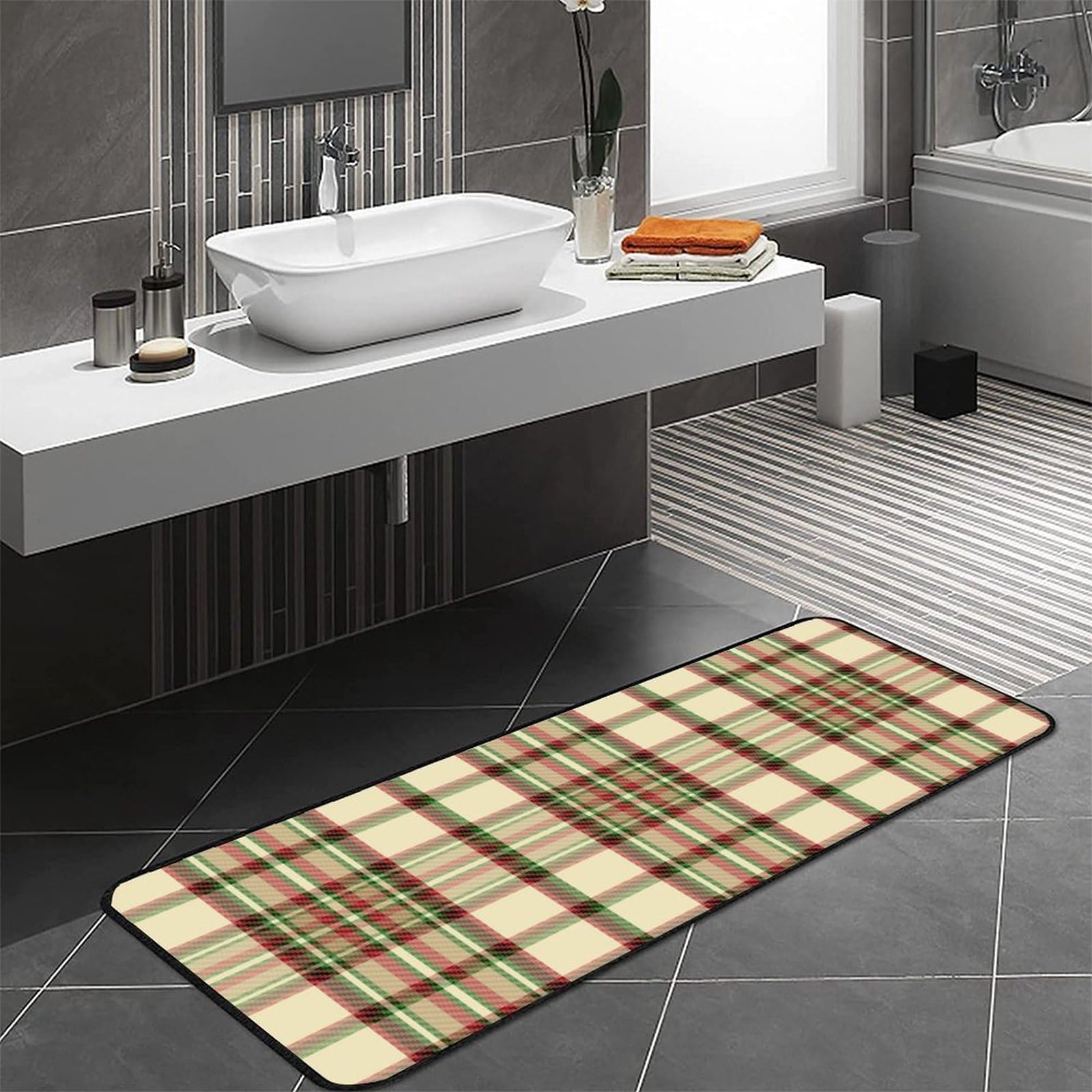 MoBlinko Kitchen Rugs Christmas Tartan Check Plaid Yellow Red Green Bathroom Rugs Non Skid Washable Standing Floor Mat Runner Carpet for Home Office Farmhouse Laundry 39 X 20 Inch