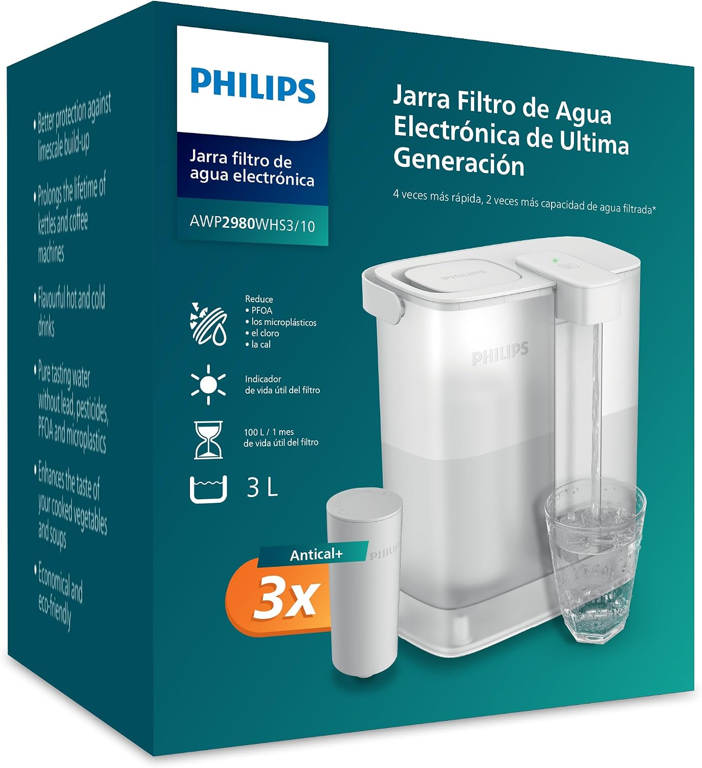 Philips Water Dispensador de agua filtrada bajo demanda (3L) – Agua fresca y limpia, 3x filtro Anticalc+ que mejora el sabor y reduce la cal y las impurezas, libre de BPA