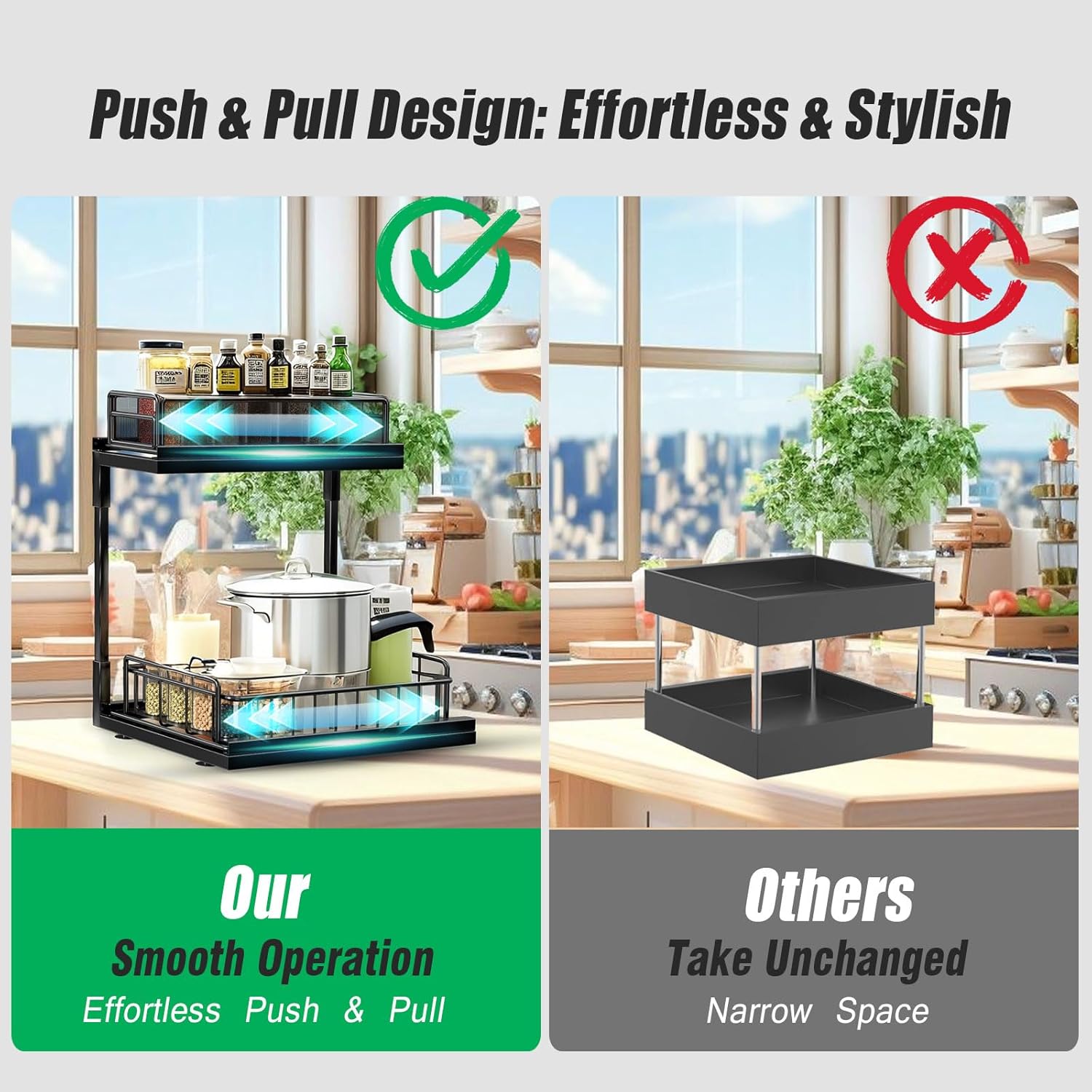 Under Kitchen Sink Pull Out Organizer, Pull Out Under Cabinet Organizer with 2 Tier for Kitchen Bathroom, Home Kitchen Storage Organization, Black, 2 Pack