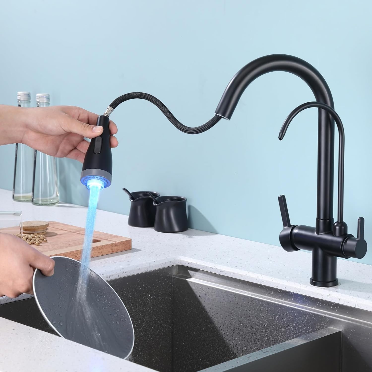 Matte Black 2 in 1 Kitchen Sink Faucet - LED Light Pull Down Faucet with Drinking Water Faucet, 2 Handle Commercial Stainless Steel Faucet for Farmhouse Bar Sink​