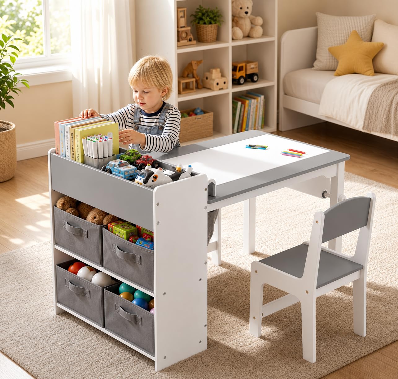 MAMIZO Mesa infantil con 2 sillas, mesa de pintura y mesa de manualidades para niños, mesa y sillas para habitación infantil, mesa de juego con espacio de almacenamiento para niños a partir de 3 años