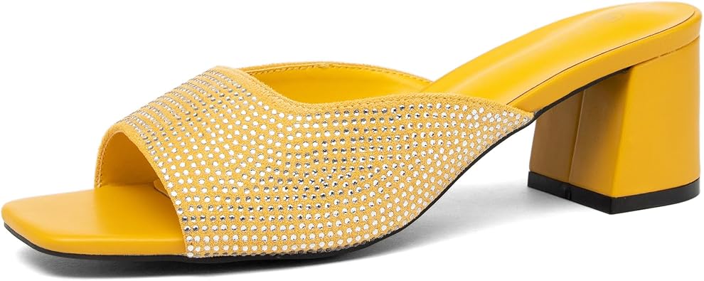 NEWBELLA Womens Crystal Embellished Sandals - Square Toe Slip-on with Chunky Mid Heel, Comfortable Heeled Mule Slides for Daily Wear & Office