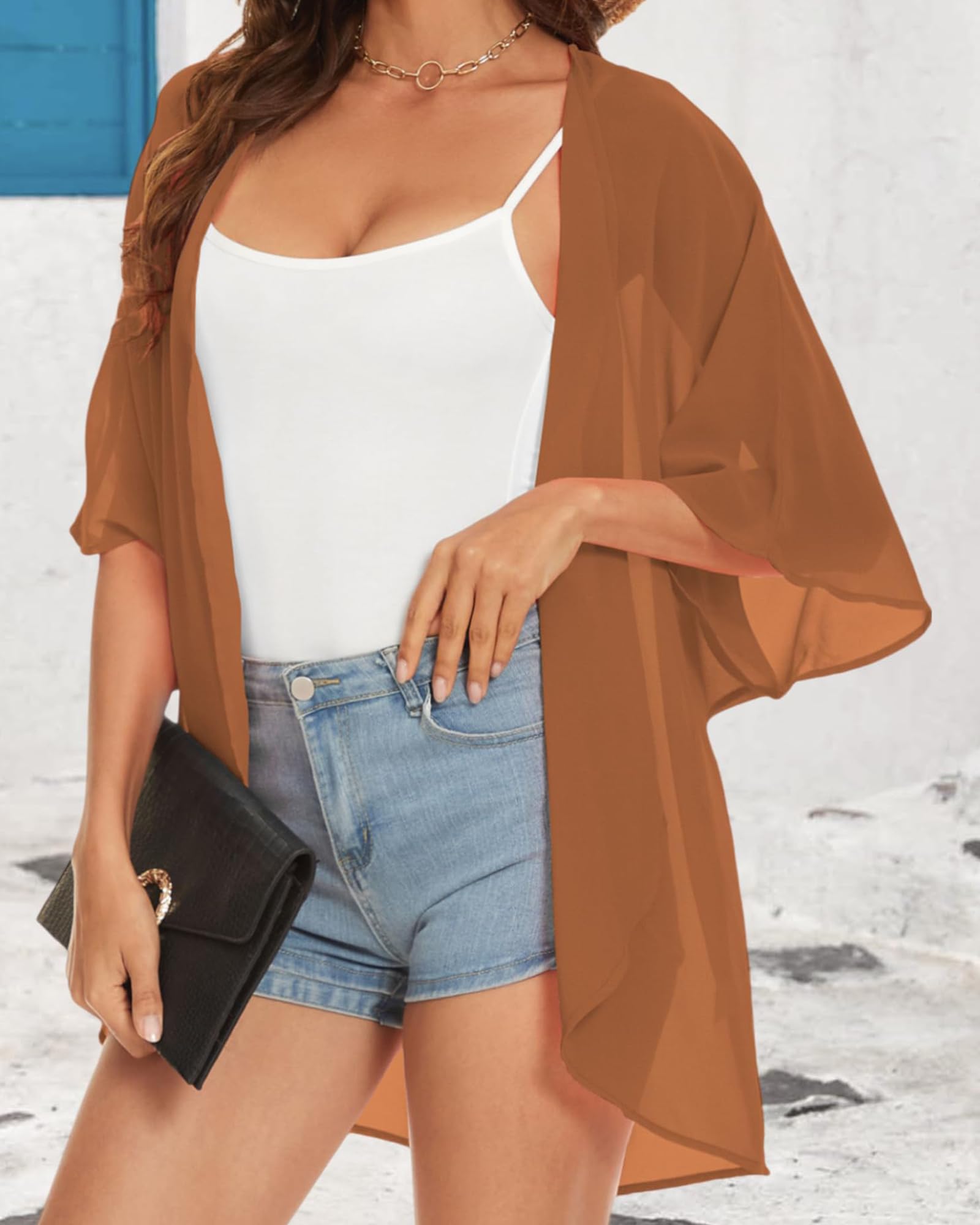 Damskie kimono, plażowe, szyfon, kardigan, kwiaty, topy, luźne peleryny, 1 karmel, XL
