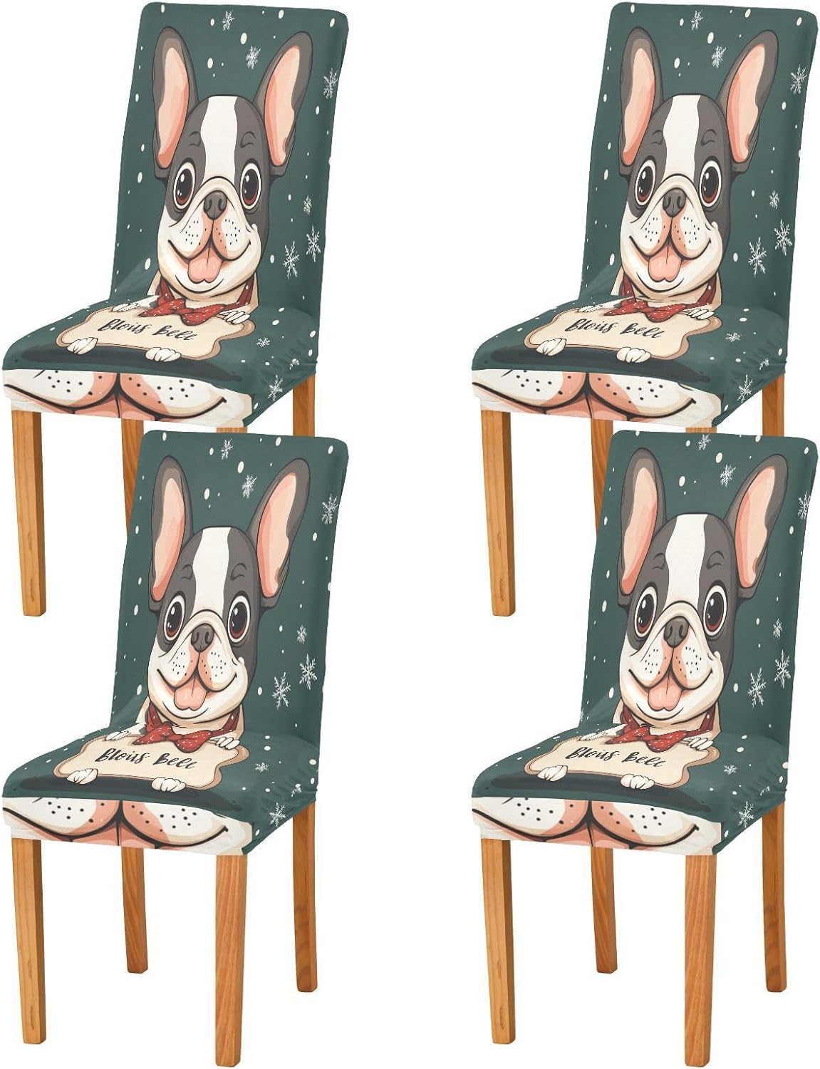ALAZA Chair Covers for Dining Room, Merry Christmas French Bulldog Bone Tsnowflake Stretch Chair Cover Sets Chair Protector Removable Washable for Ktichen Restaurant Hotel