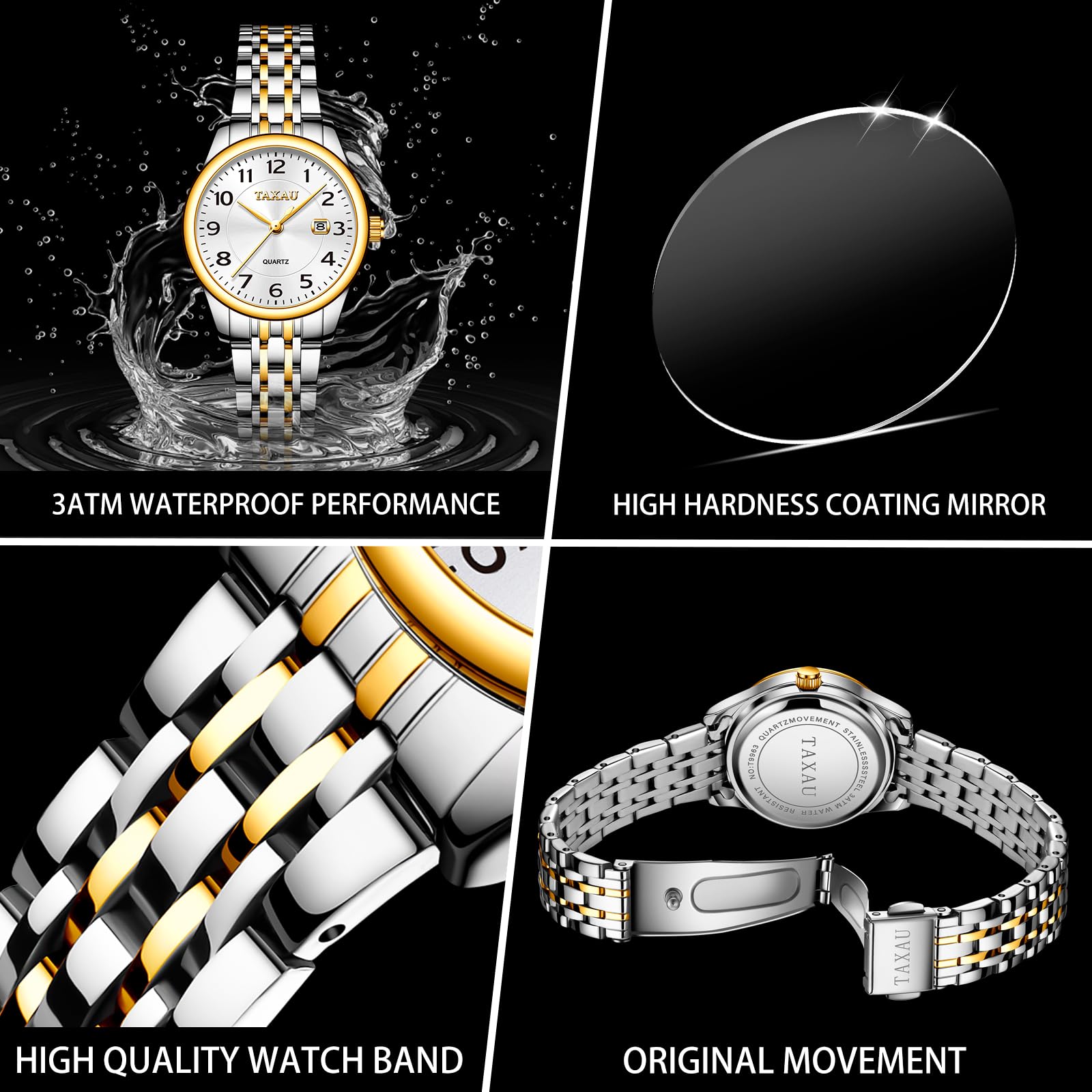 Taxau Damen Uhr Wasserdicht Quarzuhr Gold Silber Edelstahlband Armbanduhr