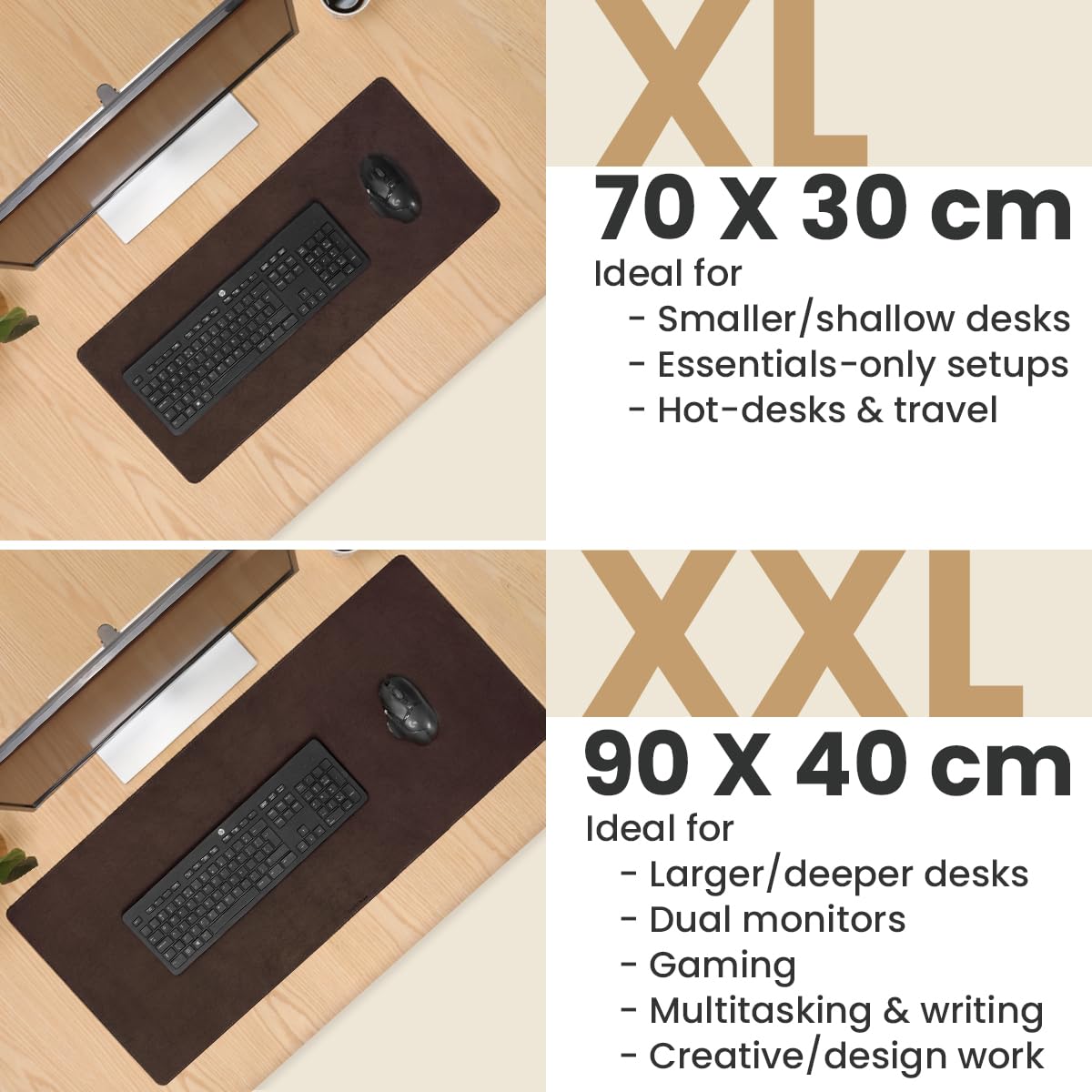 Echtleder-Schreibtischunterlage, Dunkelbraun, XL (90 x 40 cm) | Echtes Vollnarbenleder, 3 mm stark, rutschfest und wasserabweisend – große Schreibtischmatte für Büro, Homeoffice und Gaming.