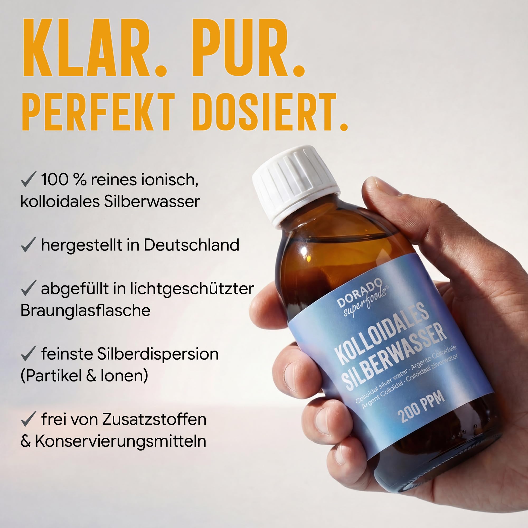 Kolloidales Silber 200 ppm – 1000 ml (4x250 ml) – Silberwasser, Braunglasflasche, Premium Qualität – Dorado Superfoods®