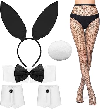 Bunny Costume Set Bunny Ear Headband Collar Bow Tie Costume Cuffs Rabbit Tail Mesh Stockings for Women Easter Party