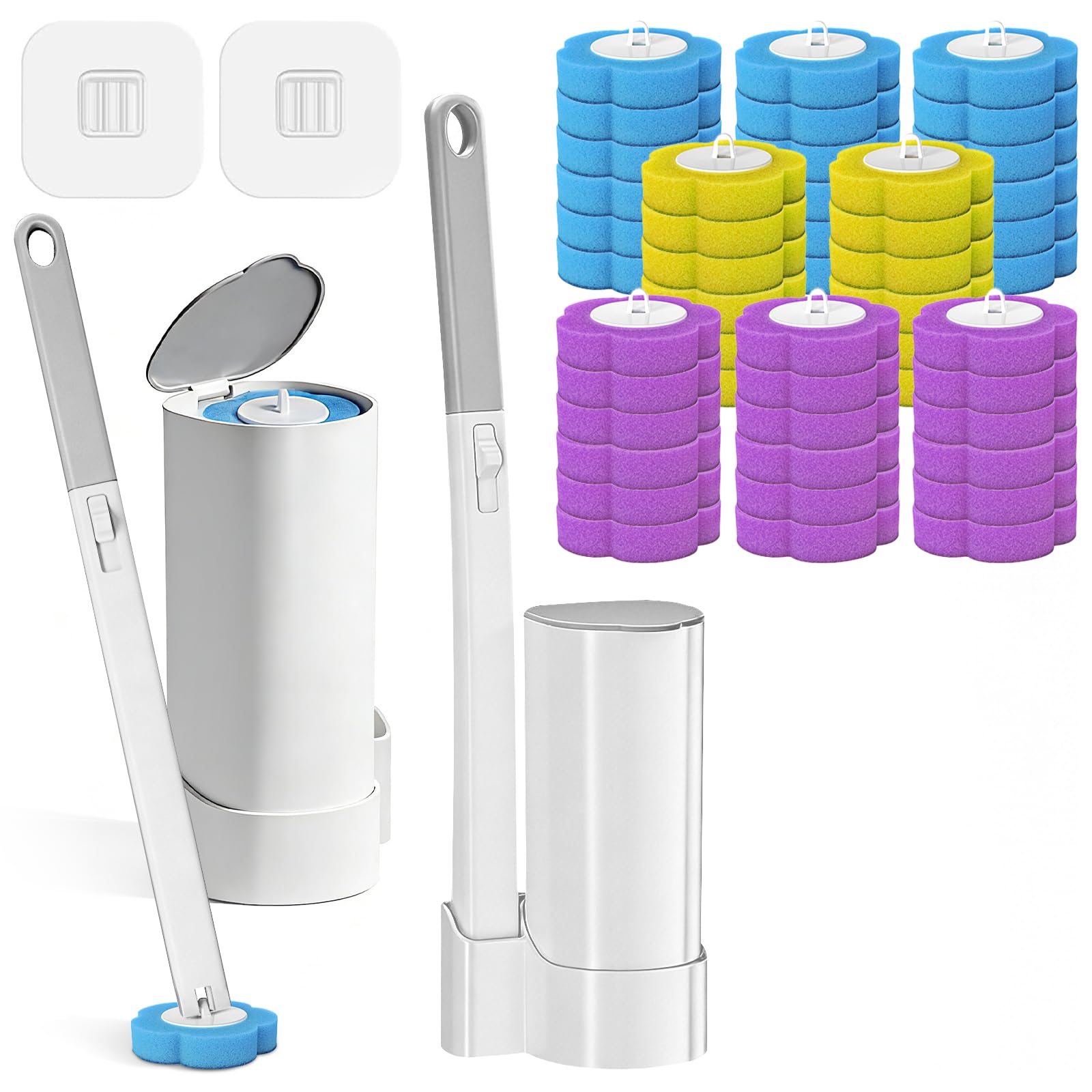 Scopino WC Usa e Getta,Spazzola WC Monouso Set con 48 Ricariche Detergenti,Set da 2 con Scopini per WC con Manico Allungato e Supporto,Scopino per WC con Staffa Adesiva per Pulizia Bagno e WC