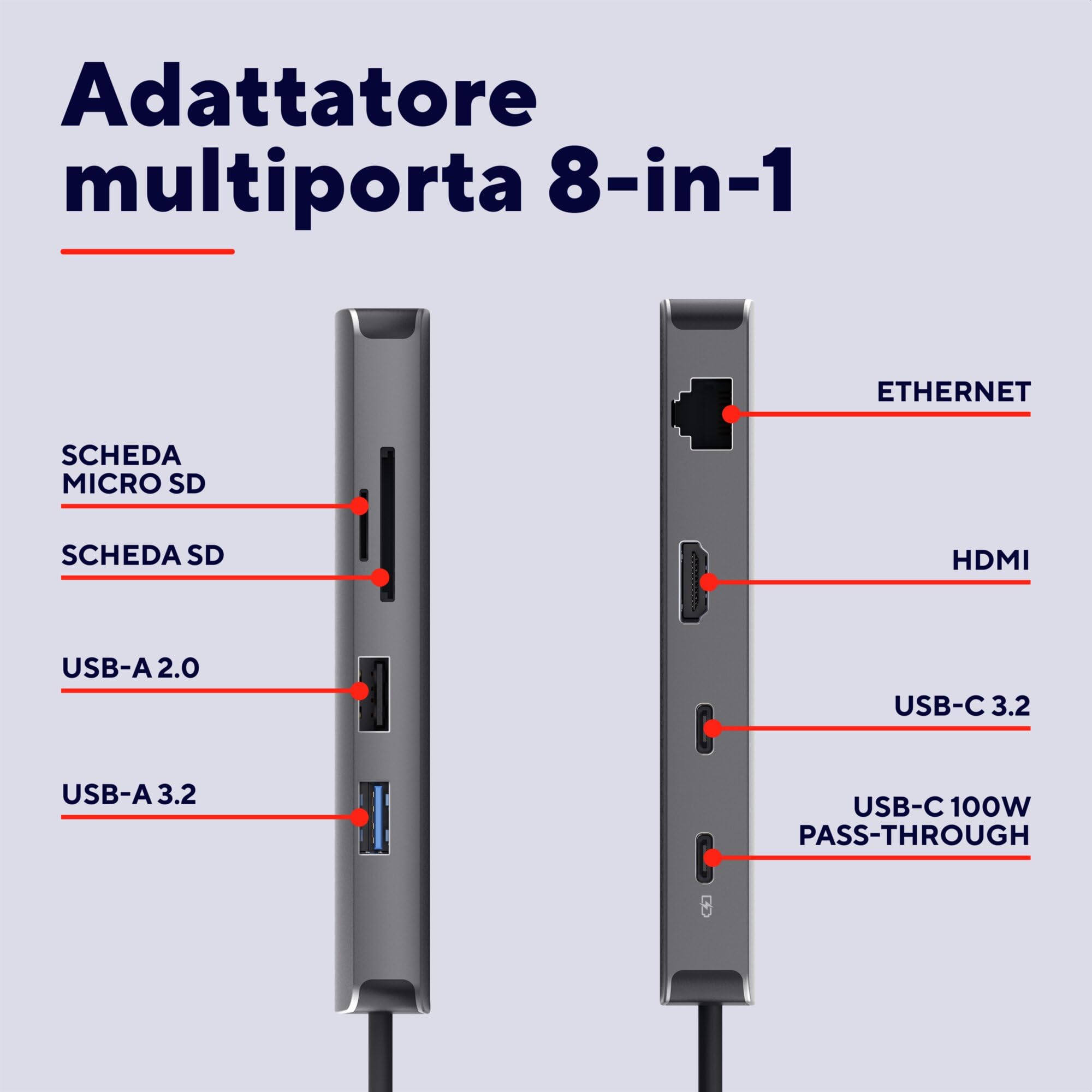 Trust Vylor Hub USB C 8-in-1 Adattatore HDMI 4K@60Hz, Gigabit Ethernet, Lettore di Schede MicroSD/SD, USB-C USB-A, Porta di Ricarica 100W, Docking Station PC Computer Portatili Dell HP MacBook