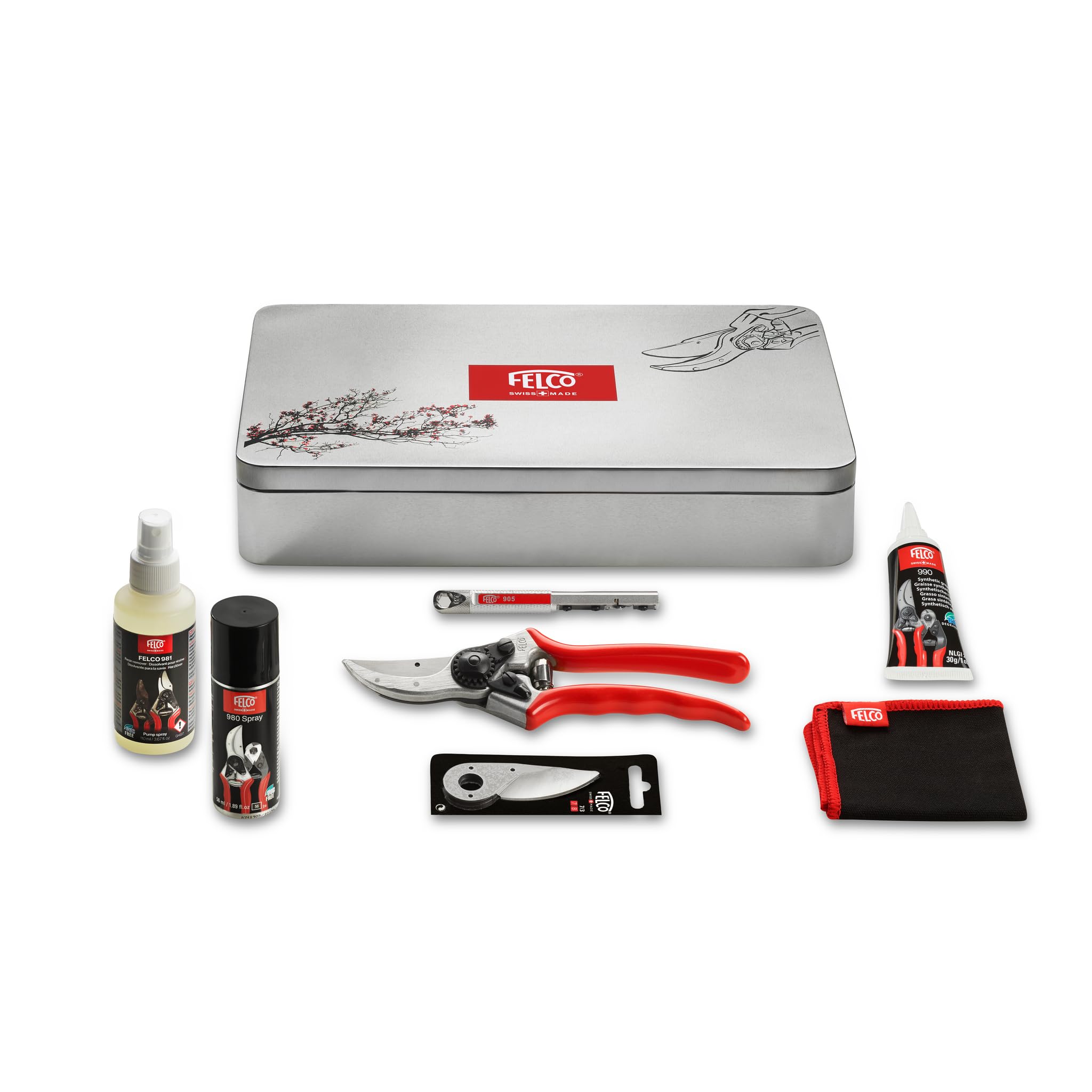 FELCO 933 Wartungsset Gartenschere komplett mit FELCO 2, Ersatzklinge 2/3, Schärfer 905, Schmiermittel 980, Reiniger 981, Fett 990, Schlüssel 2/30 Reinigungstuch Schweiz