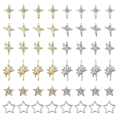 qiipii 48Pcs Star Nail Charms for Acrylic Nails 3D Silver Golden Stars Nail Rhinestones Nail Gems Jewels Pentagram Cute Crystal Diamond Alloy Studs Nail Art Supplies Decor for Nails Face Makeup DIY - Golden & Silver Shiny Star Light Charms