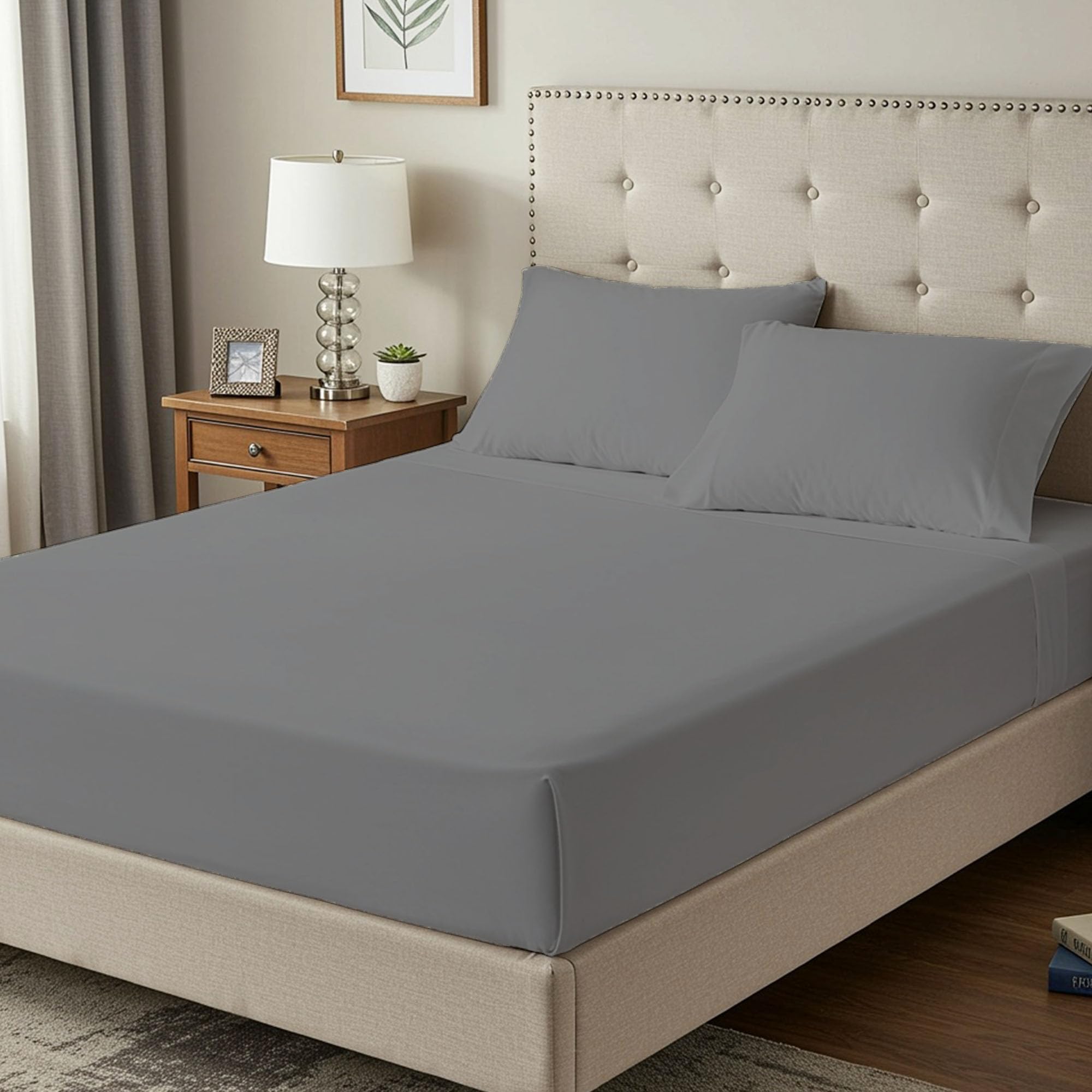 Bloombedding Silver 100% Egyptian Cotton 400Tc Single Fitted Sheet, 35Cm Deep Pocket