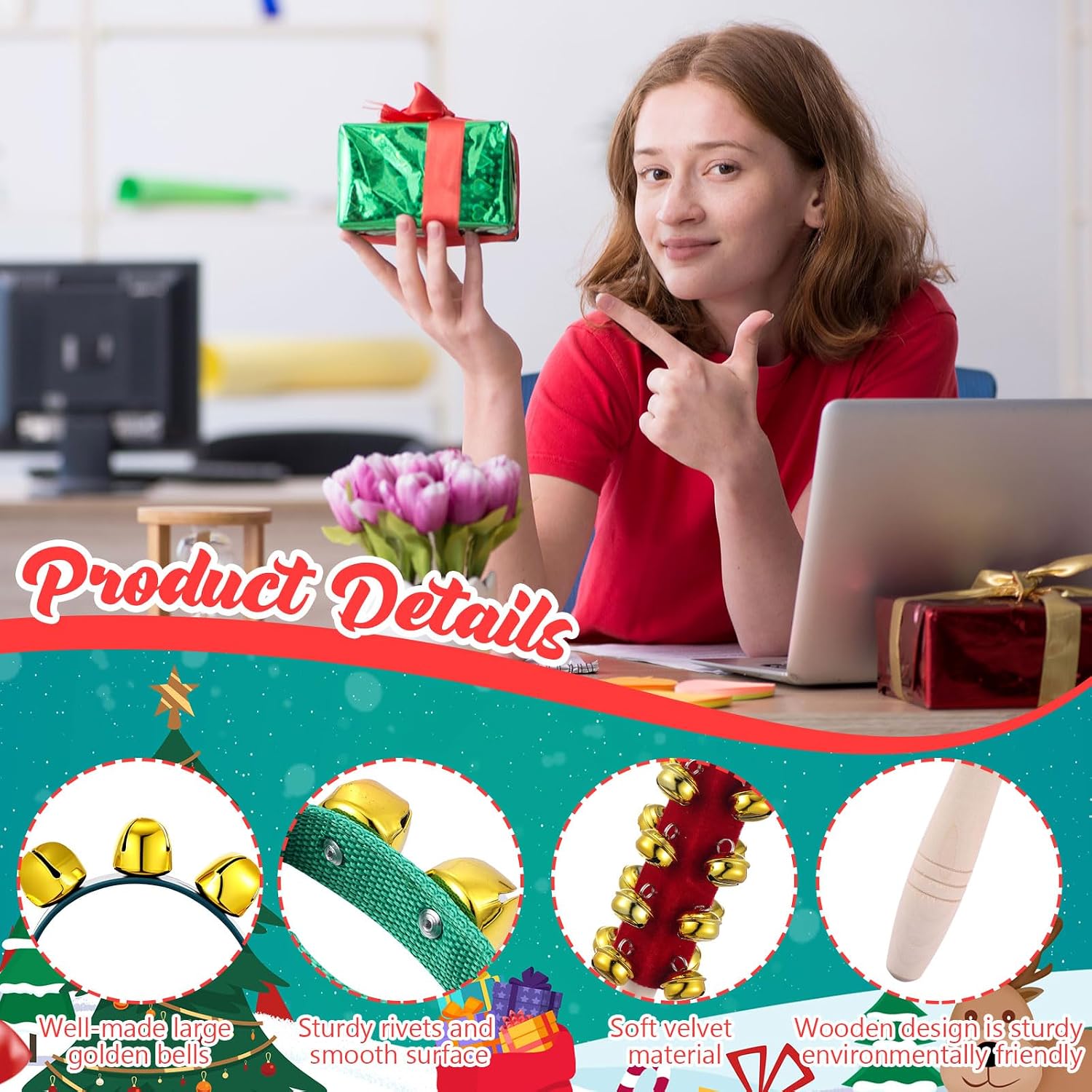 6 Pcs Christmas Handle Sleigh Bells, Include 2 Wooden Hand Bells 2 Sleigh Bells and 2 Wrist Band Bells for Holiday Music, Birthday Gifts, Festive Gold Bells for Christmas Celebration (Red,Green)