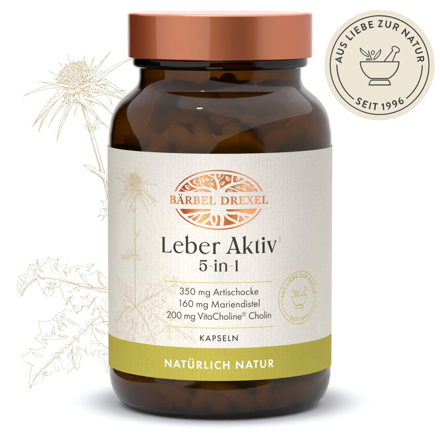 BÄRBEL DREXEL Leber Aktiv 5-in-1 Kapseln mit Cholin, Mariendistel, Löwenzahn, Artischocke, Piperin, Zink, Vitamin E, Selen (60 Stk) Leber Kapseln Naturheilkunde Bitterstoffe