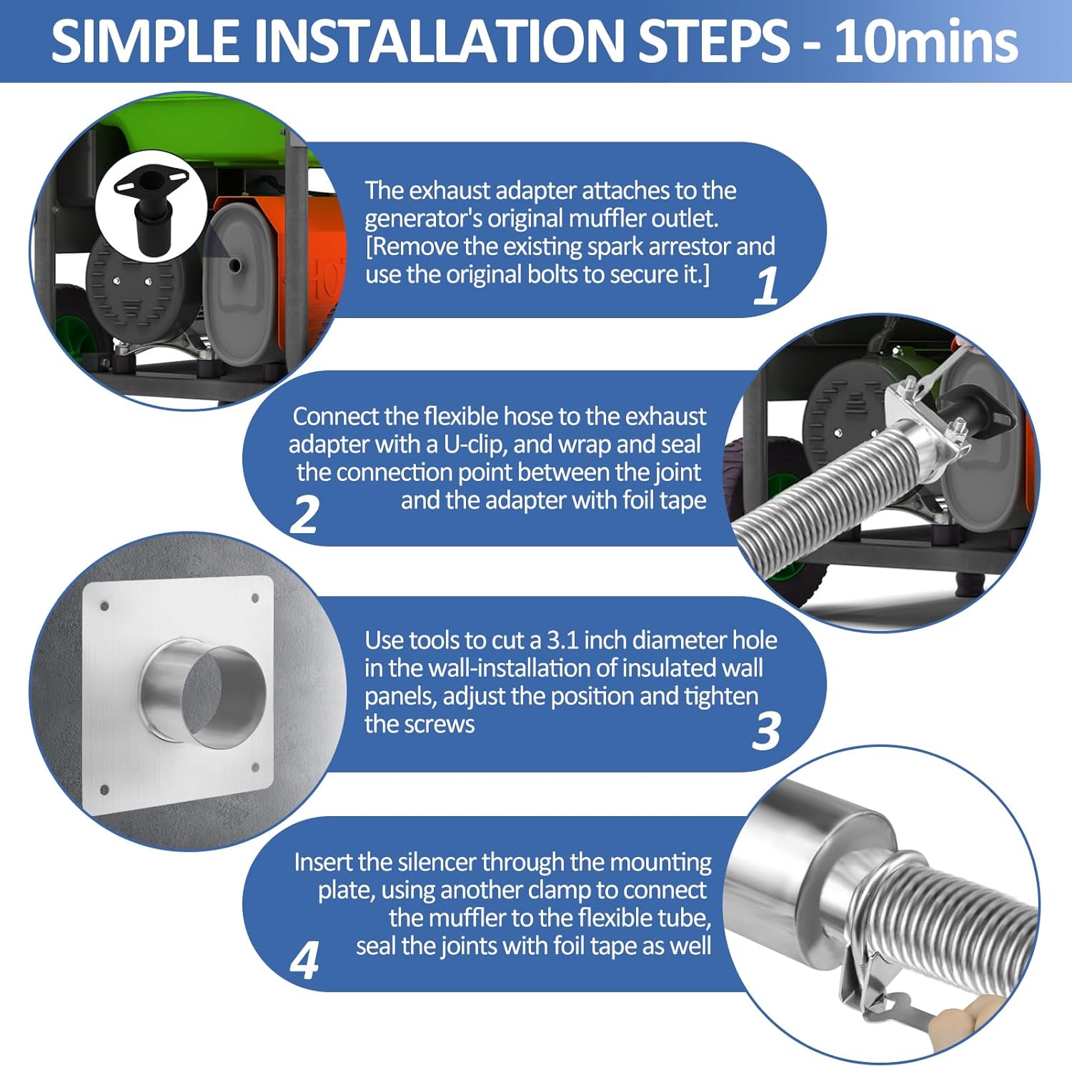 2026 Upgraded Generator Exhaust Silencer Kit Stainless Steel Muffler with Insulated Through-Wall Mounting Plate - Universal Adapters for Most Portable Generators - Efficient Noise Reduction