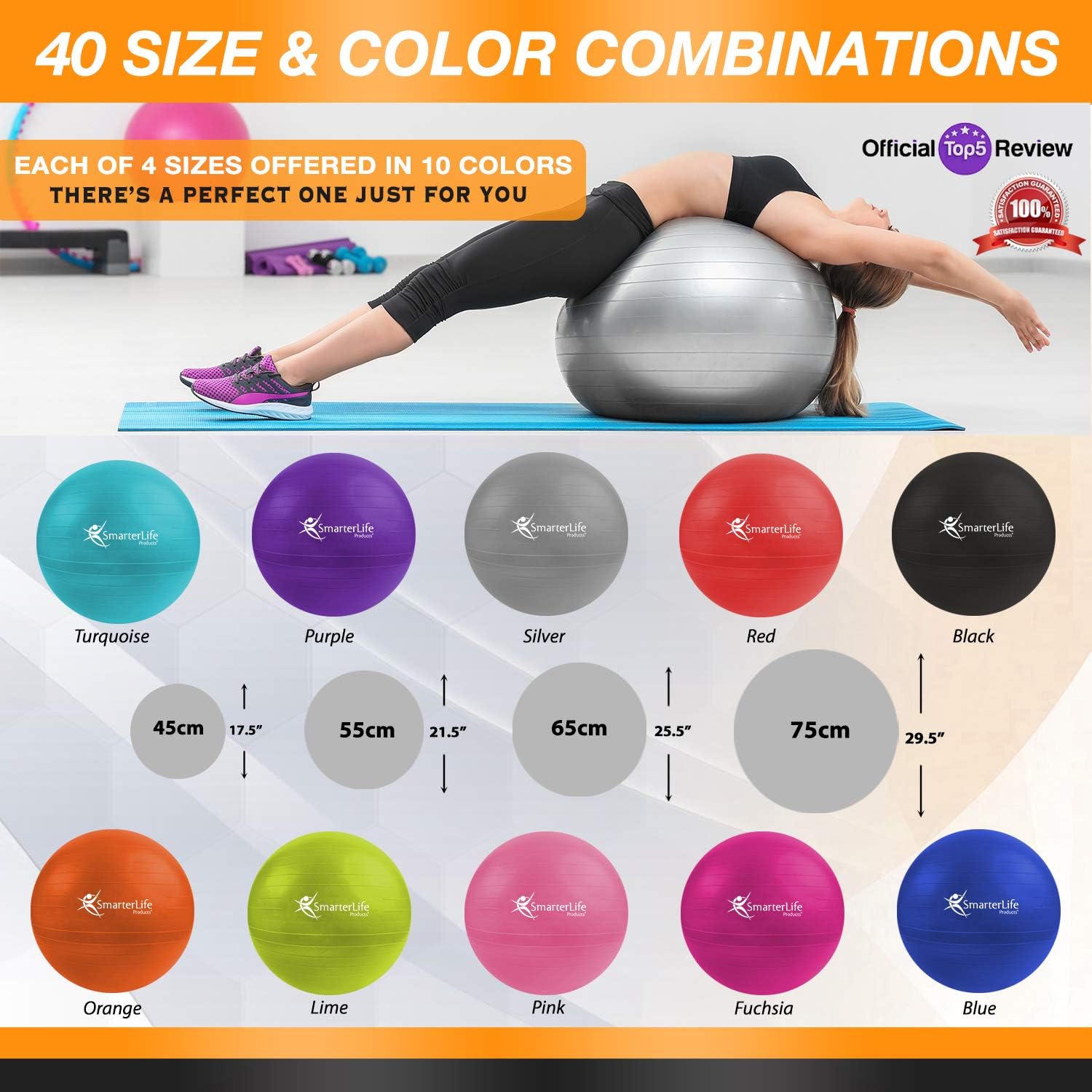 Exercise Ball for Yoga, Balance, Stability - Fitness, Pilates, Birthing, Therapy, Office Ball Chair, Flexible Seating - Anti Burst, Non Slip, PRO Workout Guide by SmarterLife : Sports & Outdoors