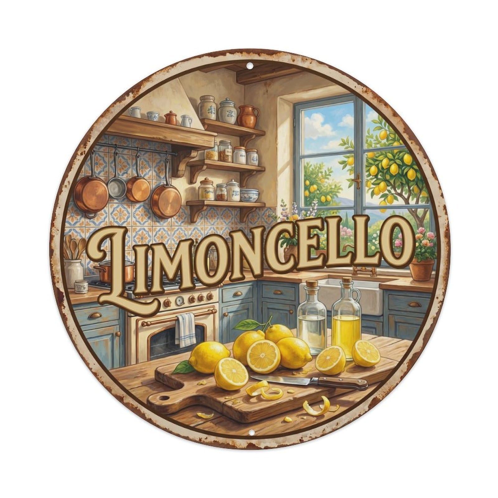 Fqcyn Style Homemade Limoncello Kitchen Metal Tin Sign Plaque Wall Decor For Cafe, Club Bar, Office, Home Garden Round Metal Poster 8X8inch