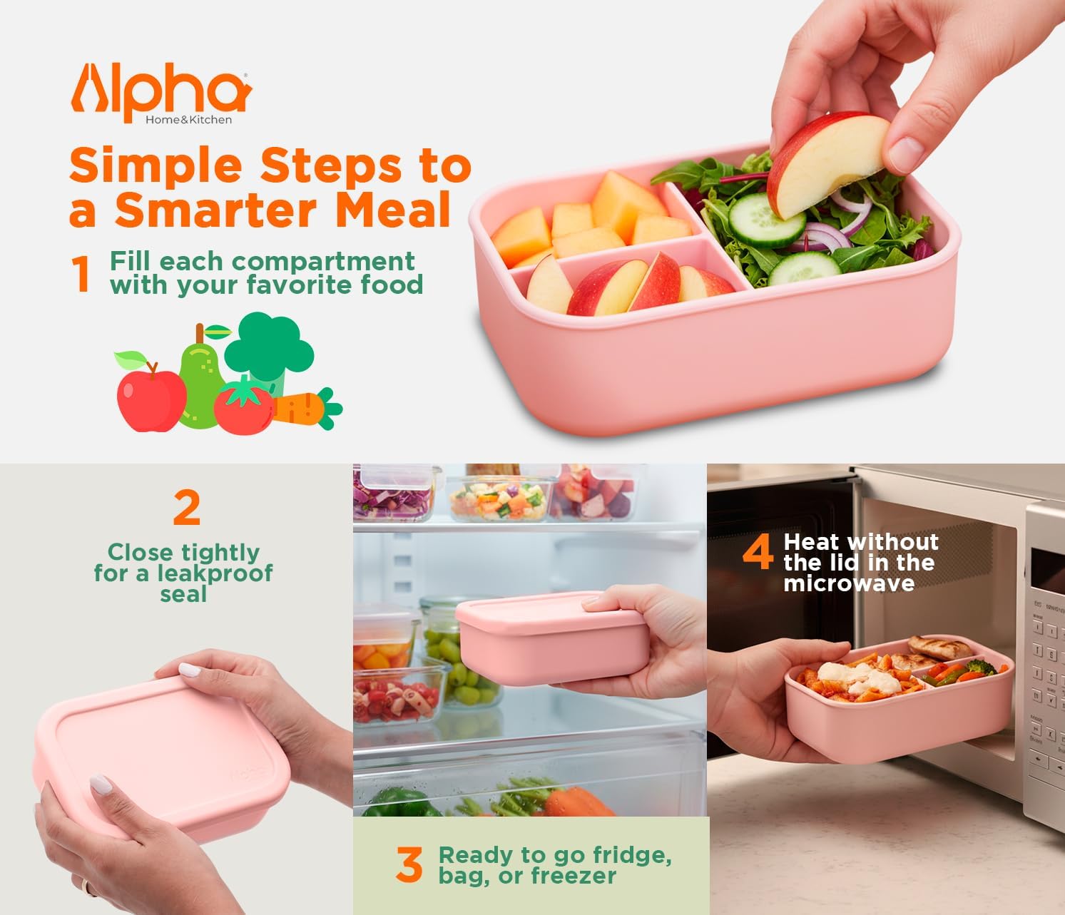 3 Compartment Silicone Bento Box for Kids – BPA Free Snack Container, Leak-Resistant School Lunch Box, Small Portions, Easy to Clean, Dishwasher Safe